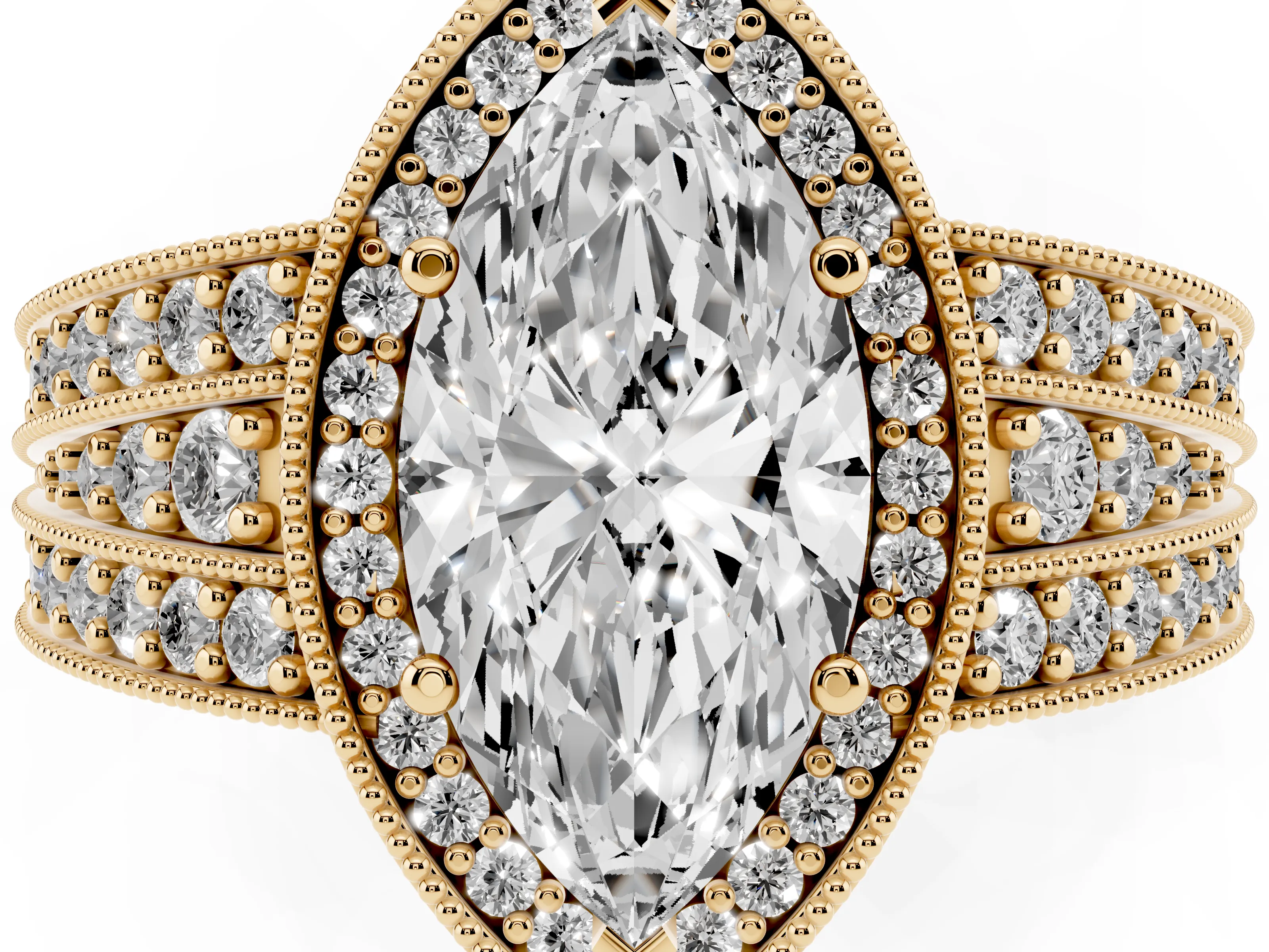 Marquise Cut Diamond Halo Ring Set in Yellow gold with Accent Split Shank and Prong Setting