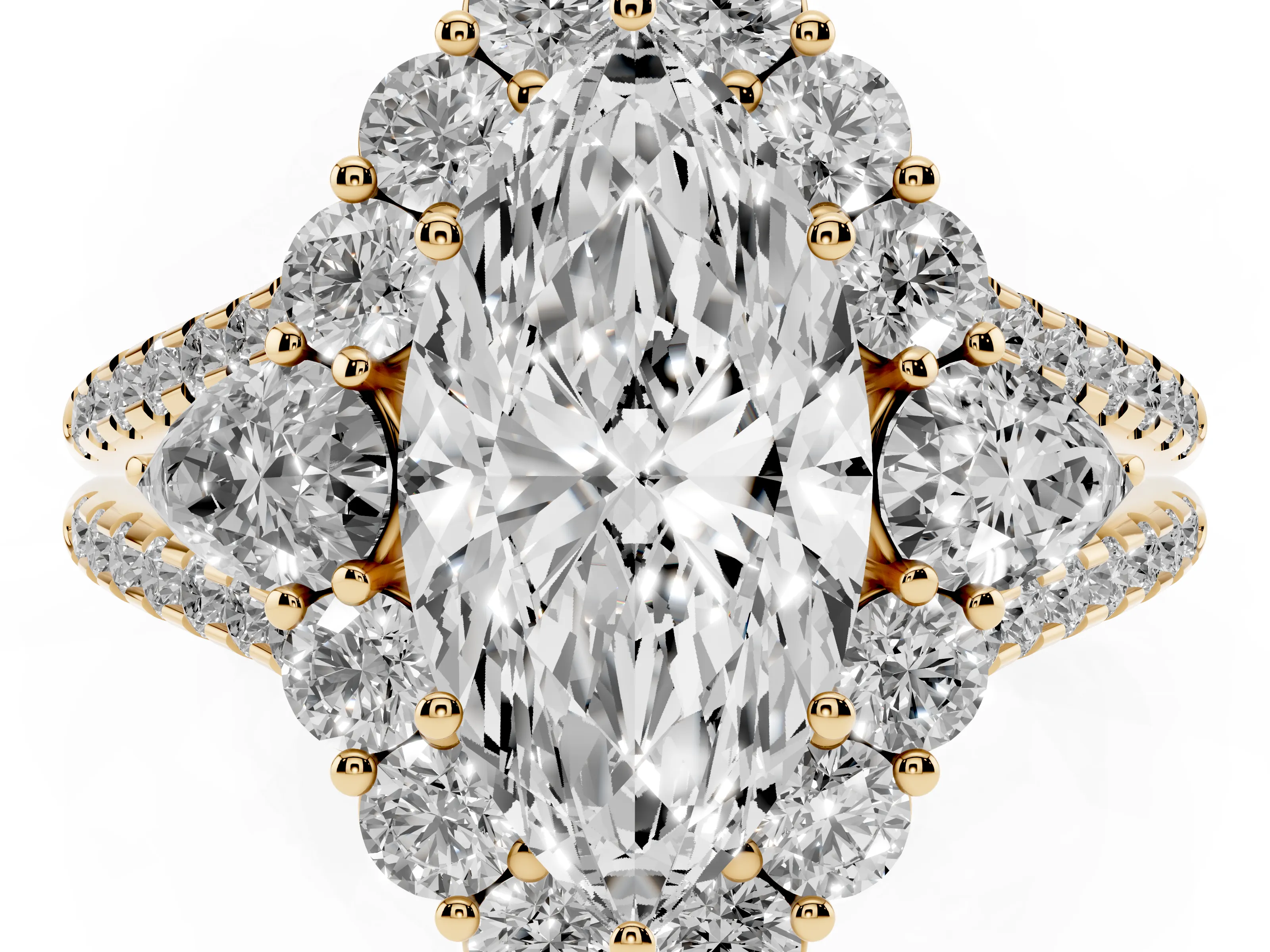 Marquise Cut Diamond Halo Split Shank Engagement Ring Set in Yellow gold with Prong-Held Center Stone