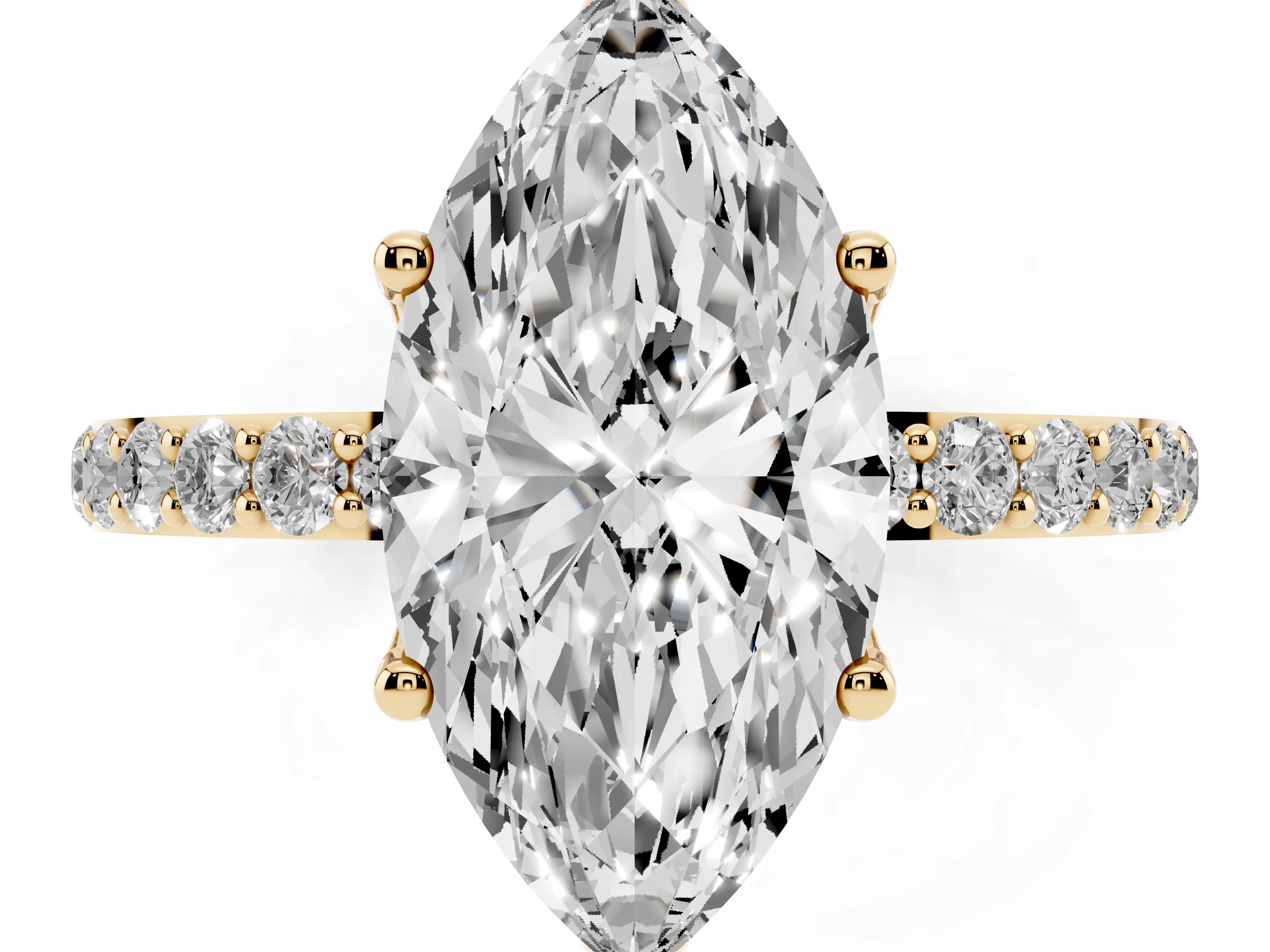 Marquise Cut Diamond Solitaire Engagement Ring Set in Yellow gold with Round Pavé Band and Prong Setting