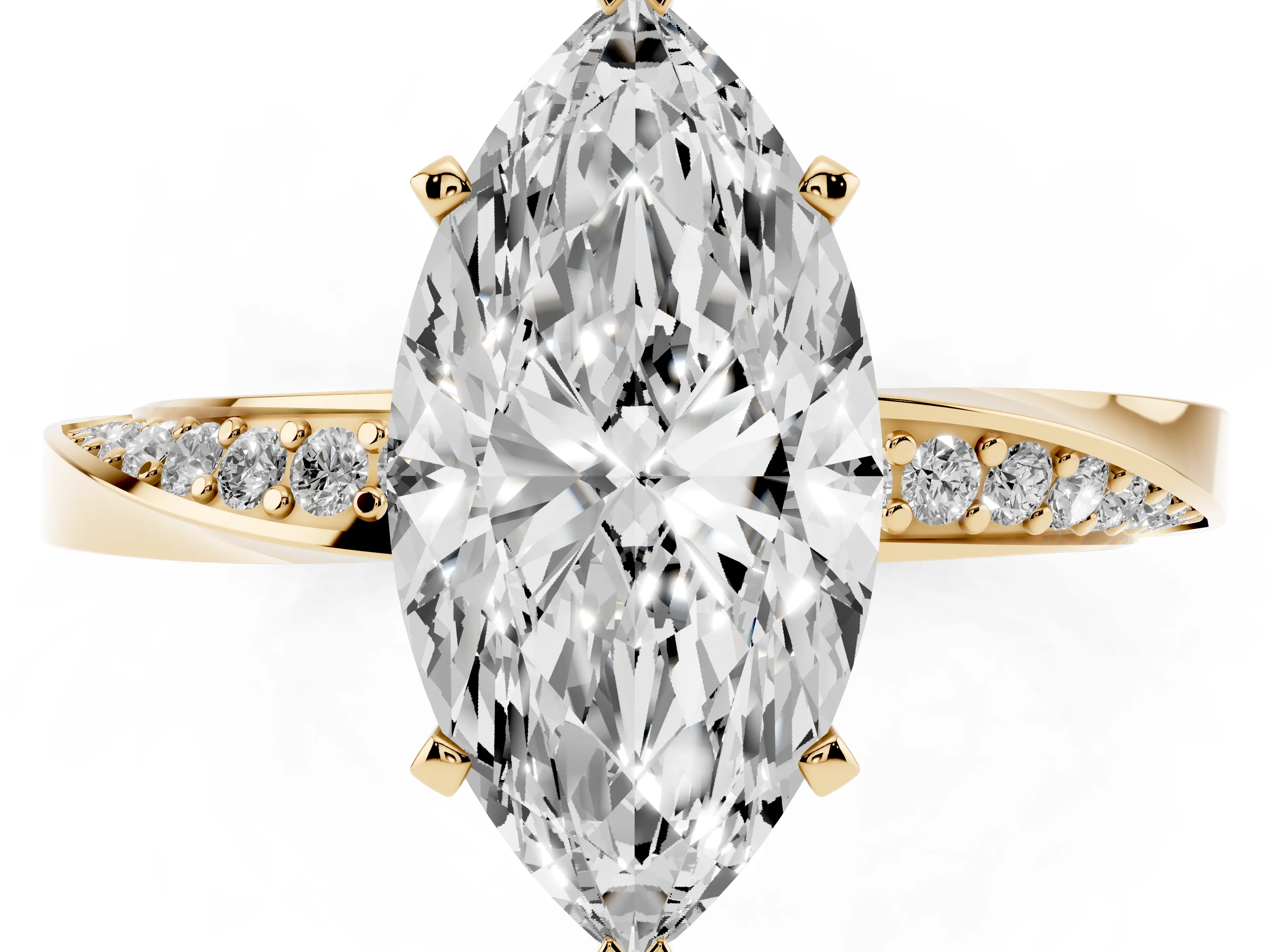 Marquise Cut Diamond Engagement Ring Set in Yellow gold with Side Stone Accents and Prong Setting