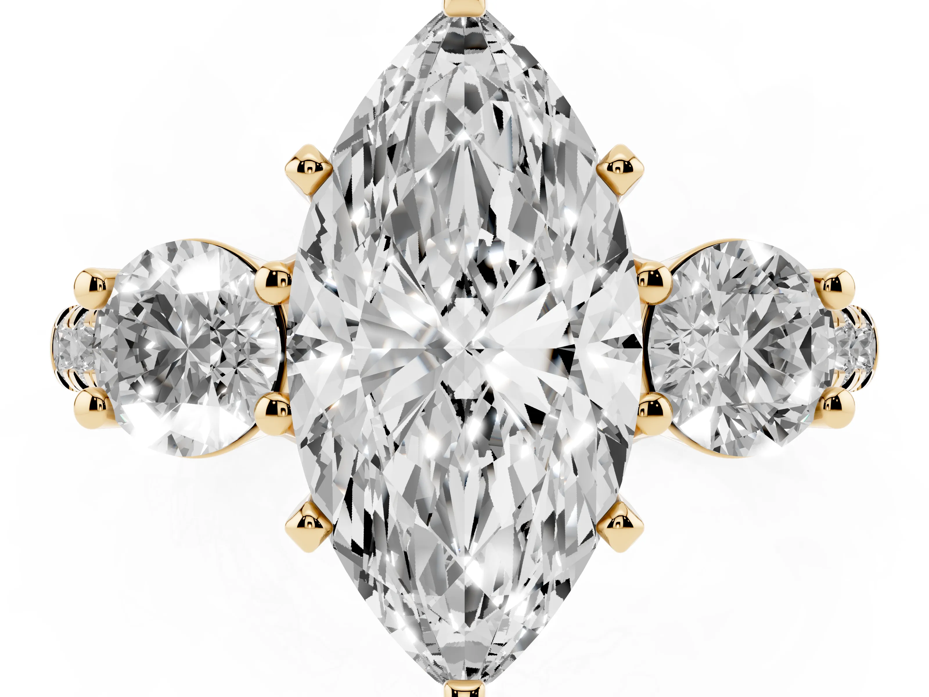 Three-Stone Marquise Cut Diamond Pavé Band Ring Set in Yellow gold with Prong-Set Trio