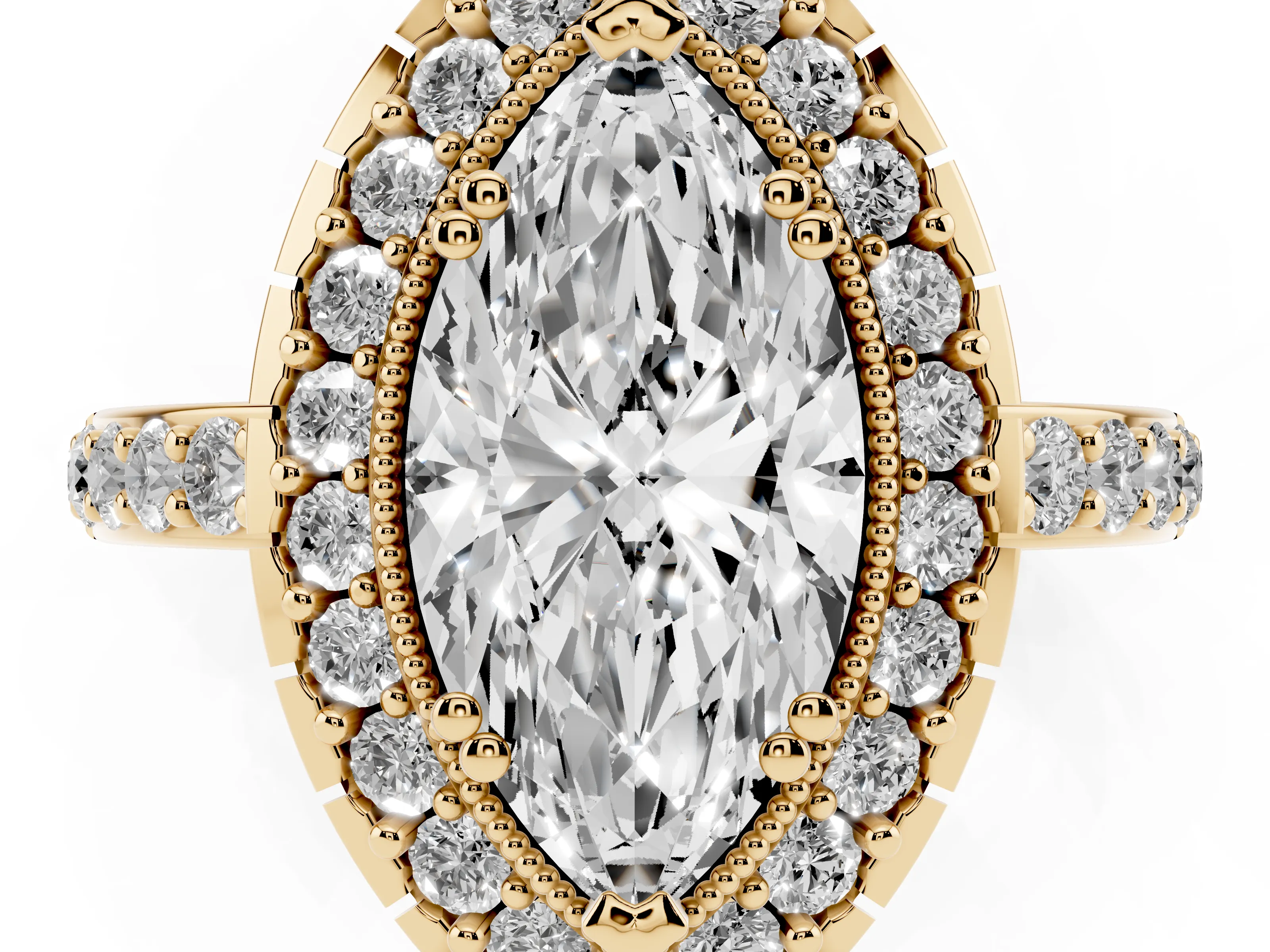 Marquise Cut Diamond Halo Ring Set in Yellow gold with Pavé Shank and Prong Setting