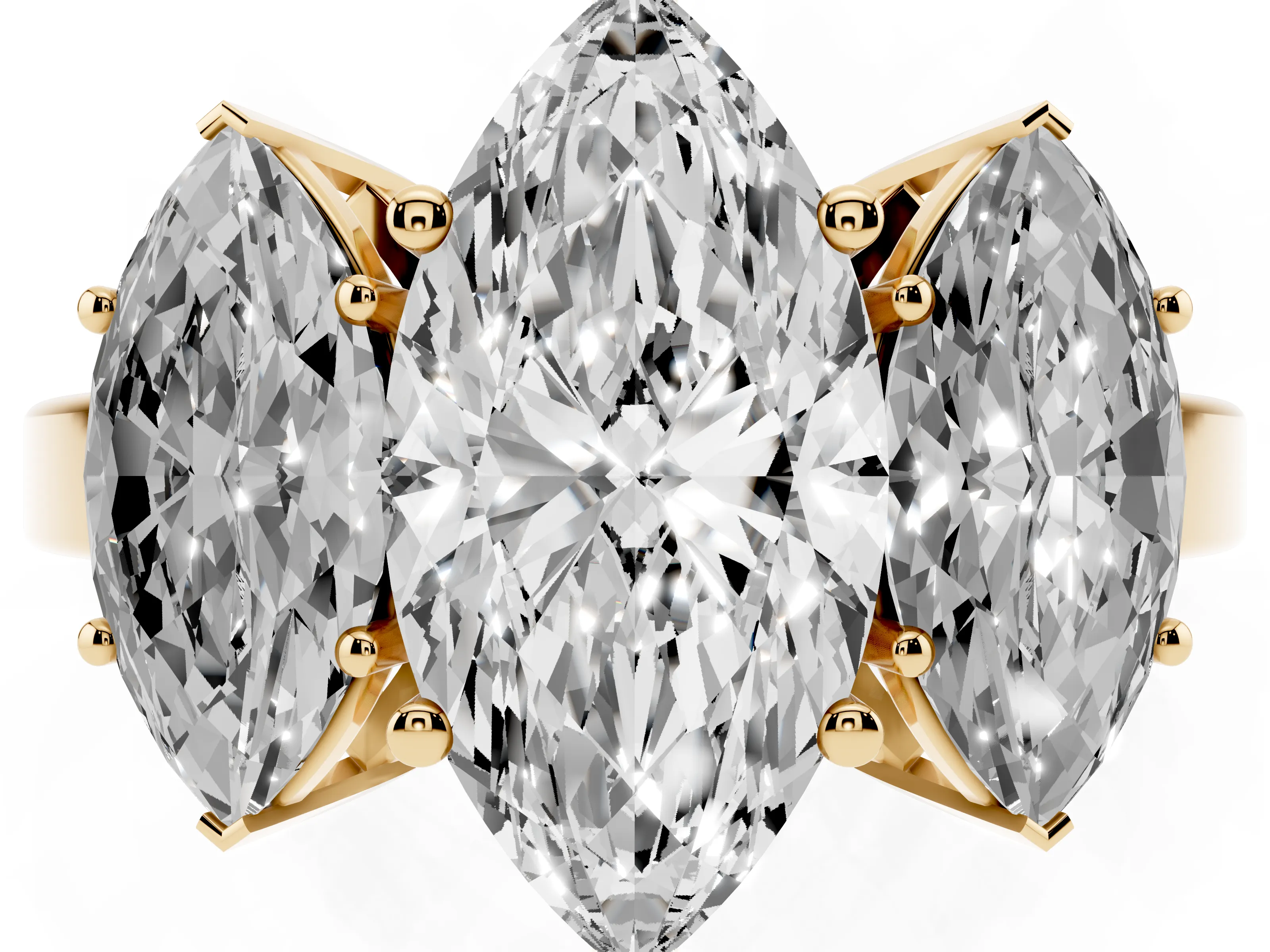 Marquise Cut Diamond Three-Stone Engagement Ring Set in Yellow gold with Flat Band