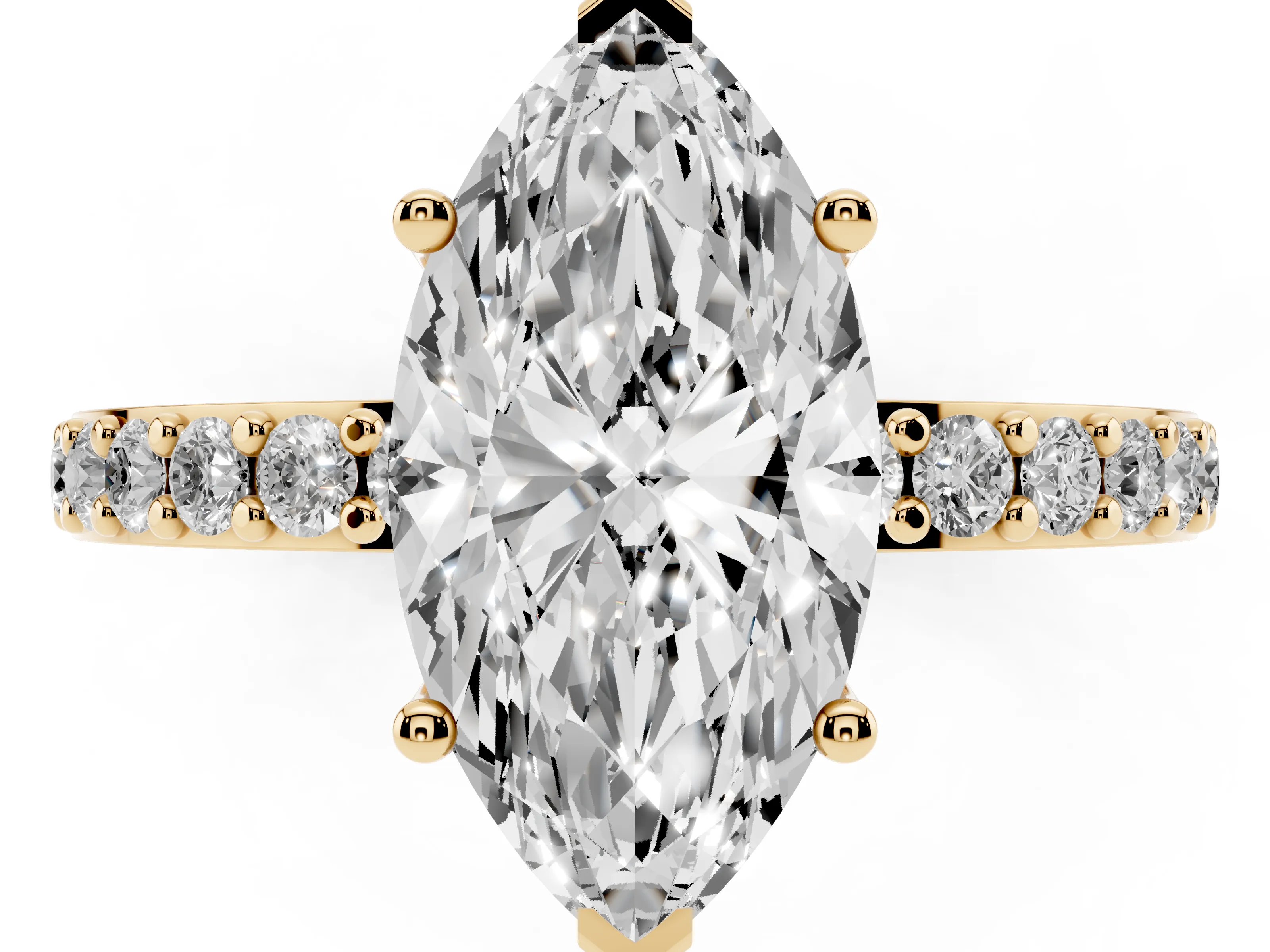 Marquise Cut Diamond Solitaire Set in Yellow gold with Round Pavé Band and Prong Setting