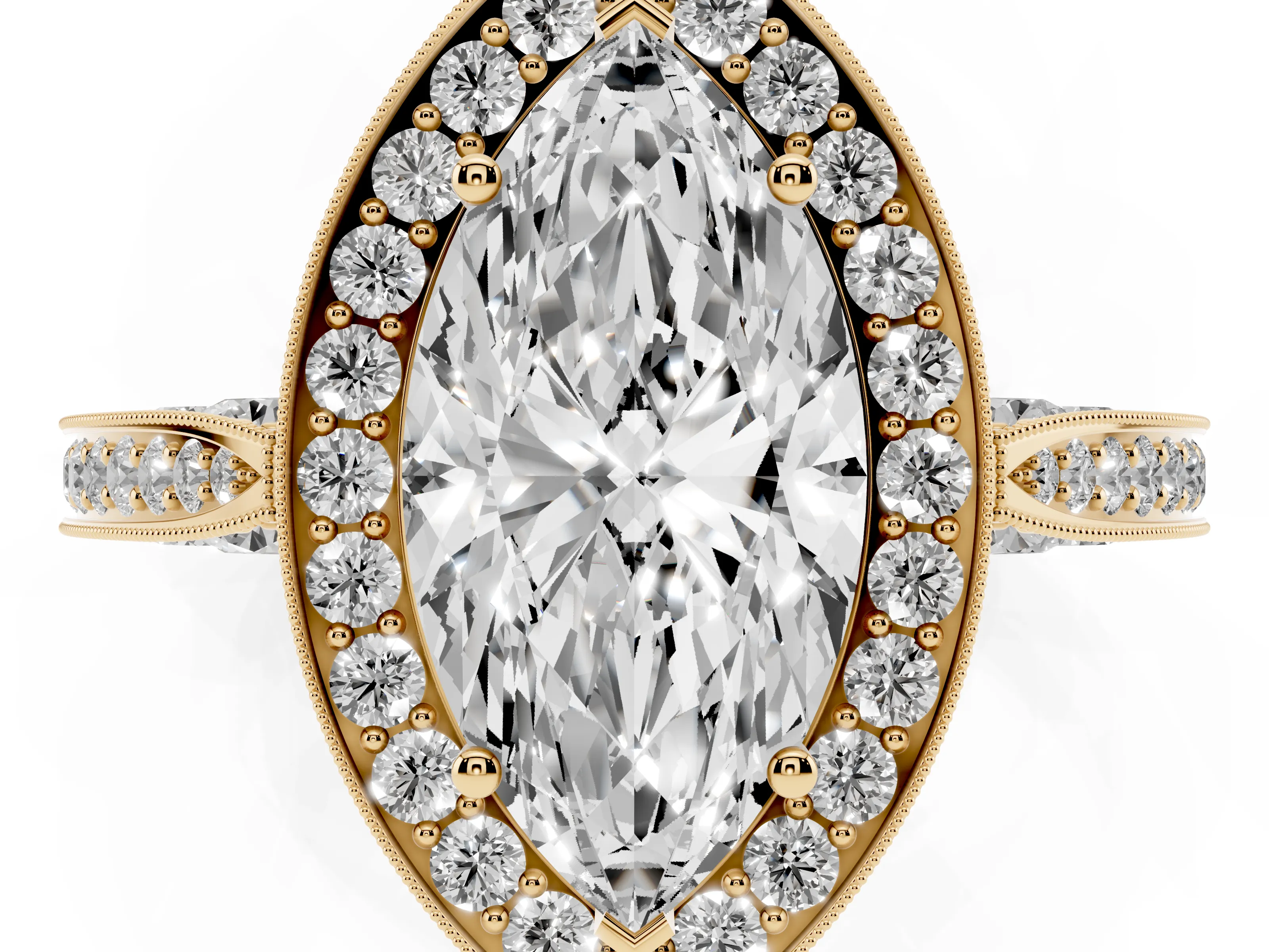 Marquise Cut Diamond Halo Engagement Ring Set in Yellow gold with Accent Split Shank Band