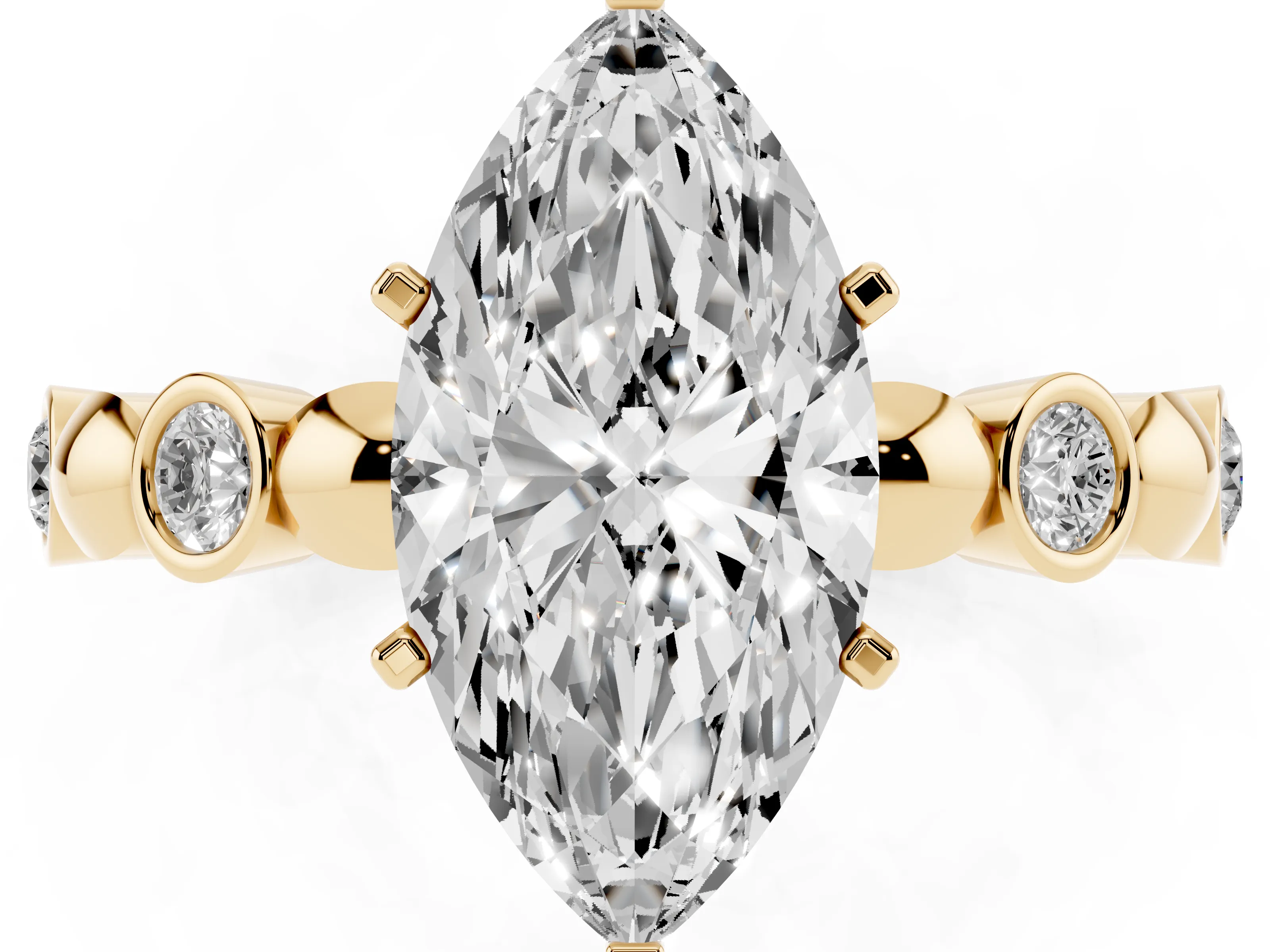 Marquise Cut Diamond Solitaire Ring Set in Yellow gold with Bezel-Set Accents on Beaded Band and Prong Setting