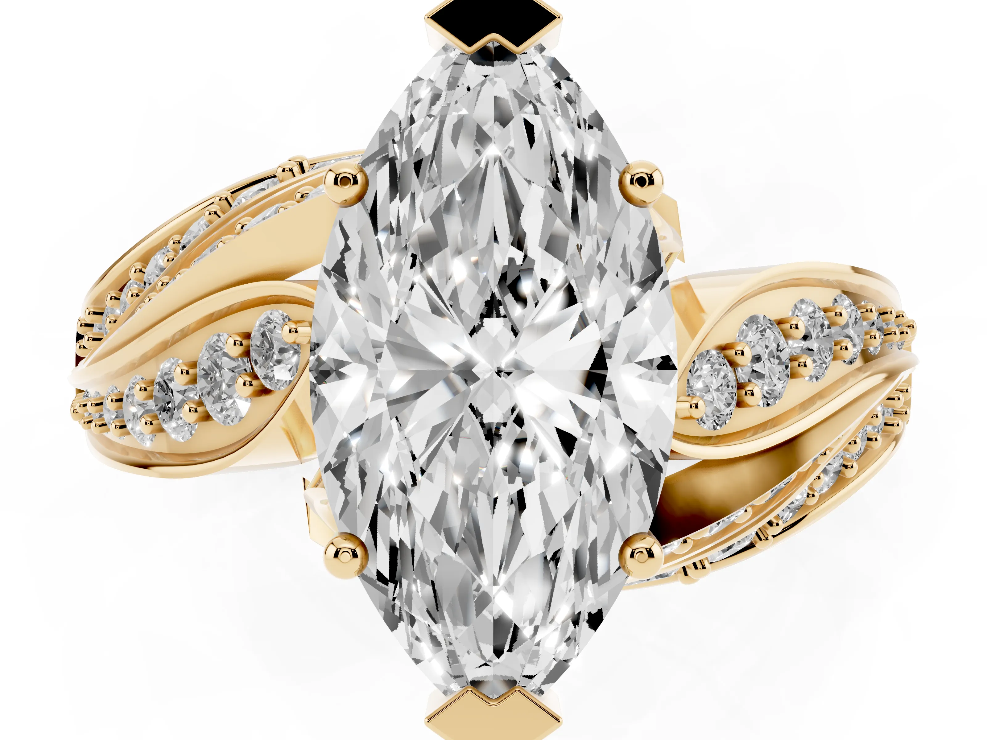 Marquise Cut Diamond Solitaire Ring Set in Yellow gold with Layered Twist Pavé Band
