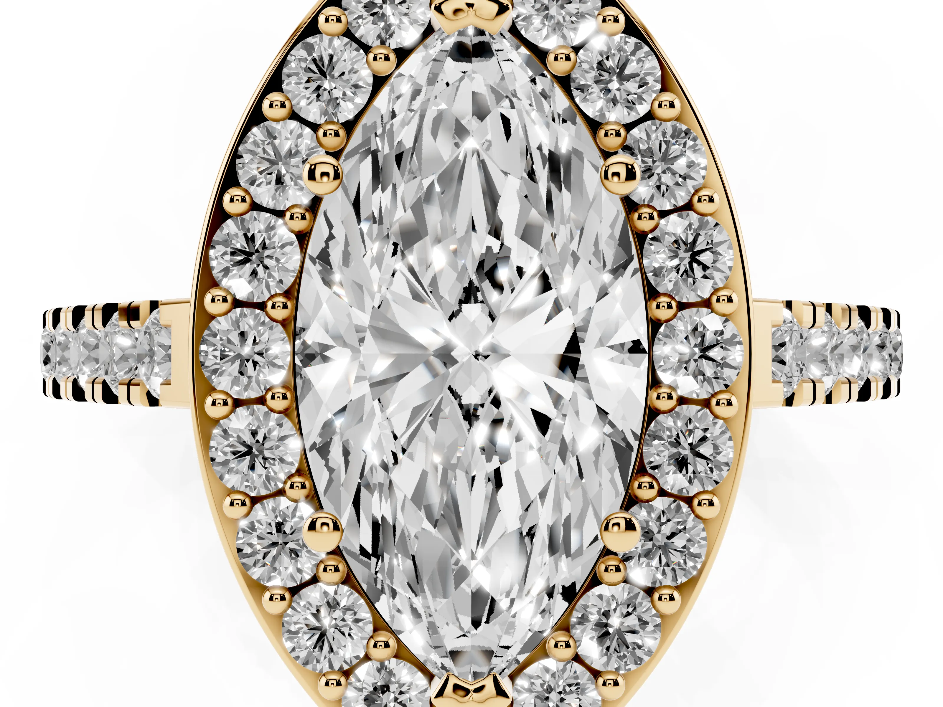 Marquise Cut Diamond Halo Ring Set in Yellow gold with Round Pavé Split Shank and Prong Setting