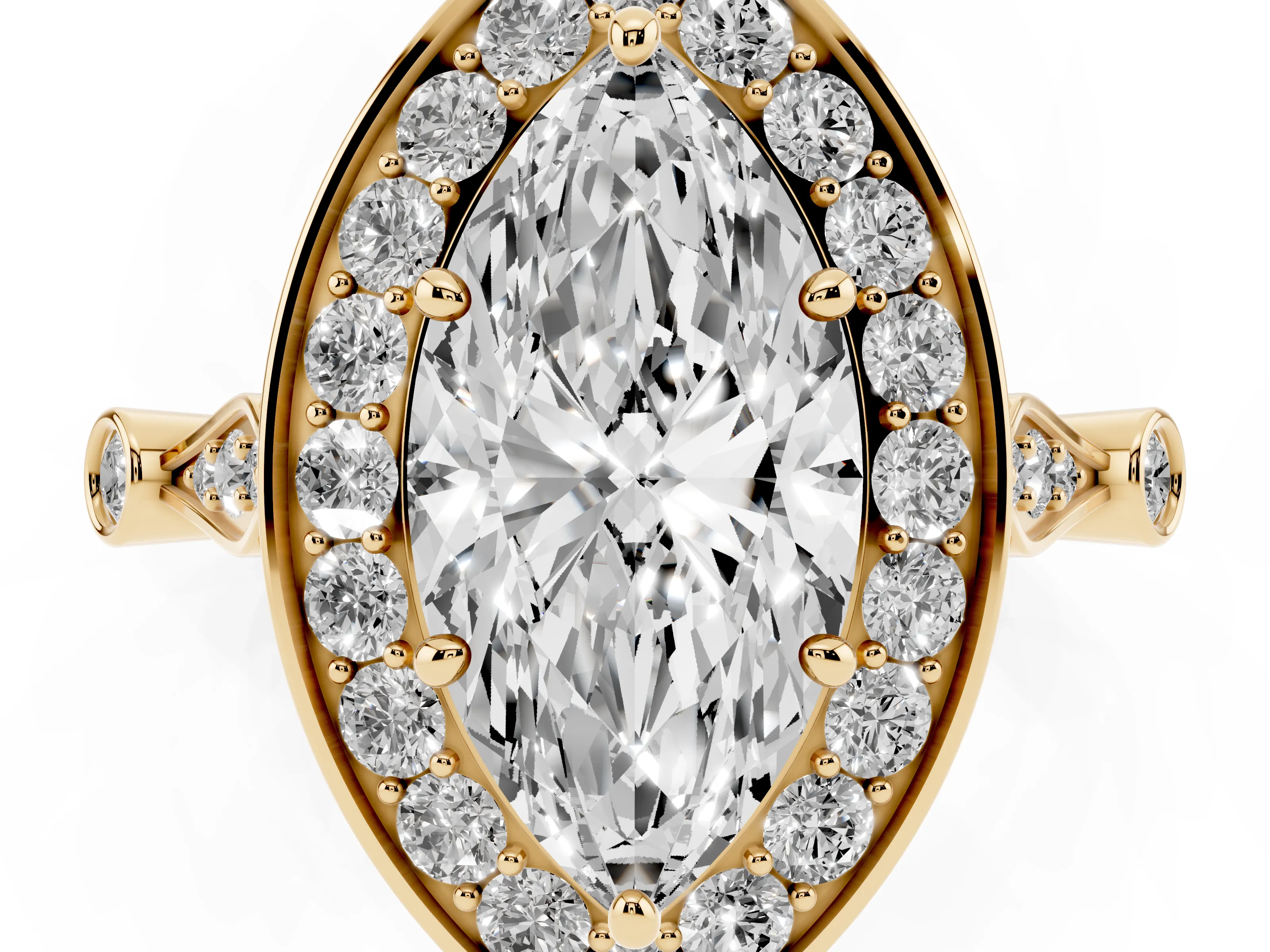 Marquise Cut Diamond Halo Engagement Ring Set in Yellow gold with Twisted Band and Prong Setting