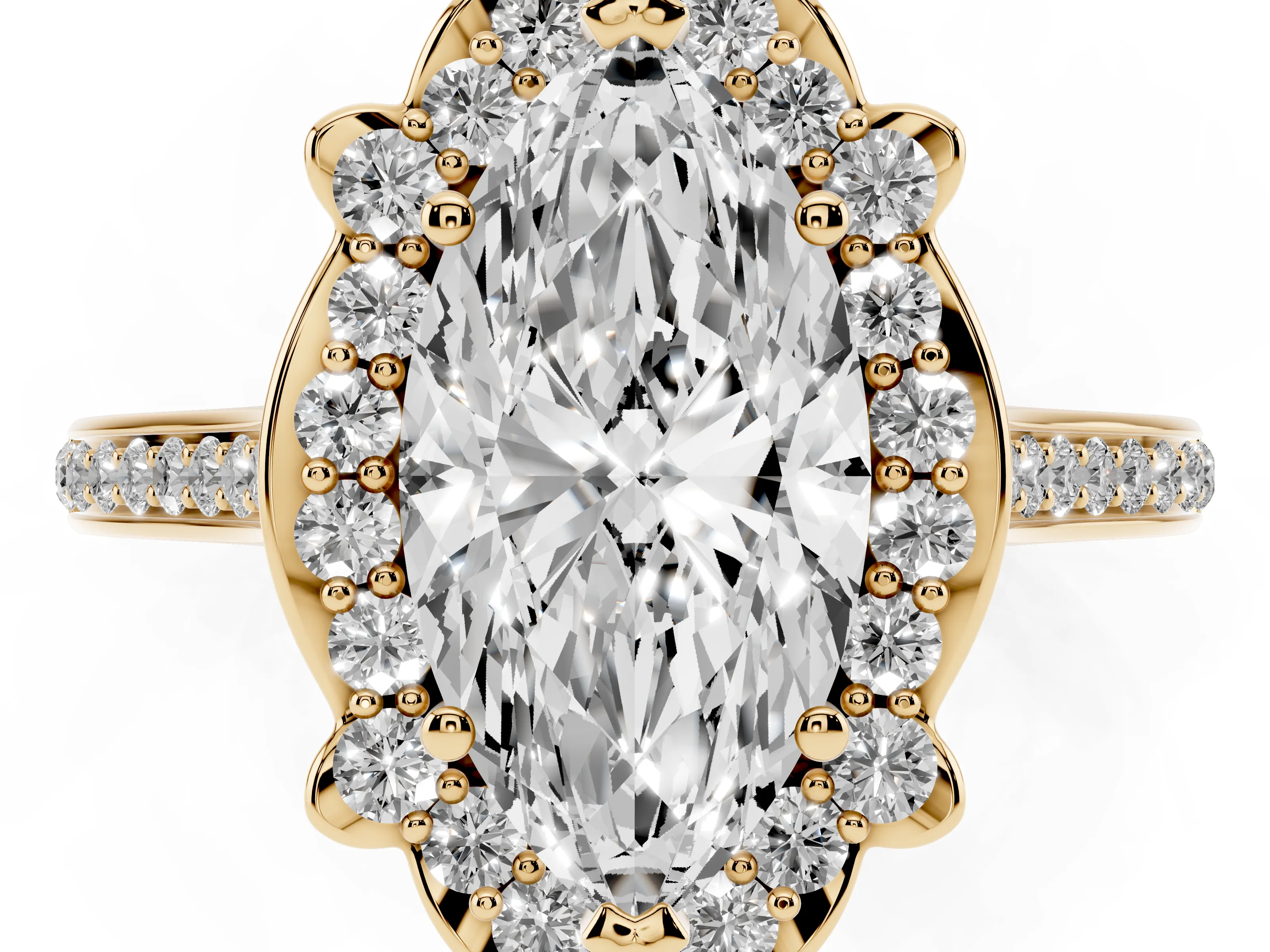 Marquise Cut Diamond Halo Ring Set in Yellow gold with Pavé-Lined Shoulders and Prong Setting