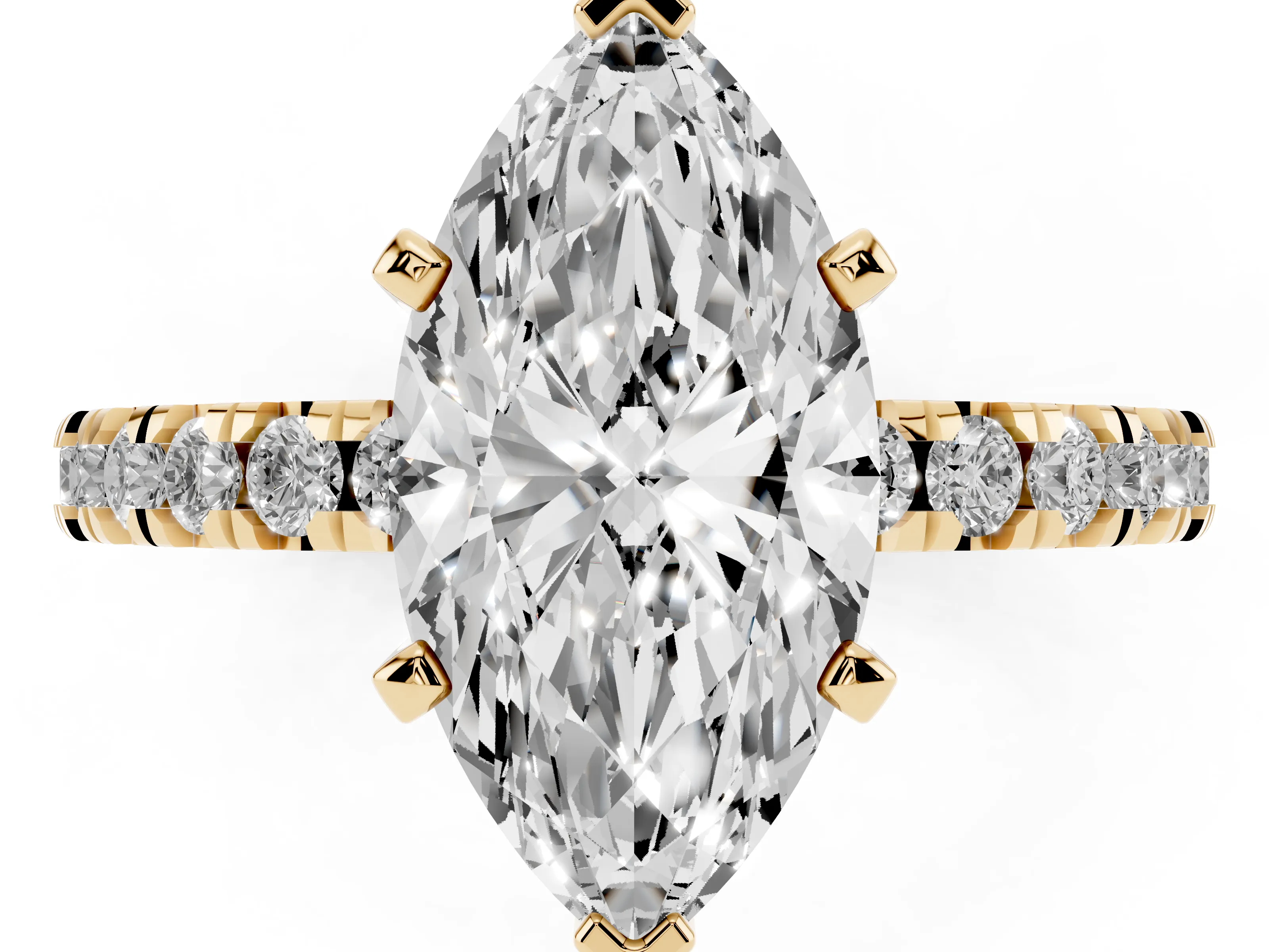Marquise Cut Diamond Pavé Band Solitaire Set in Yellow gold with Prong Setting