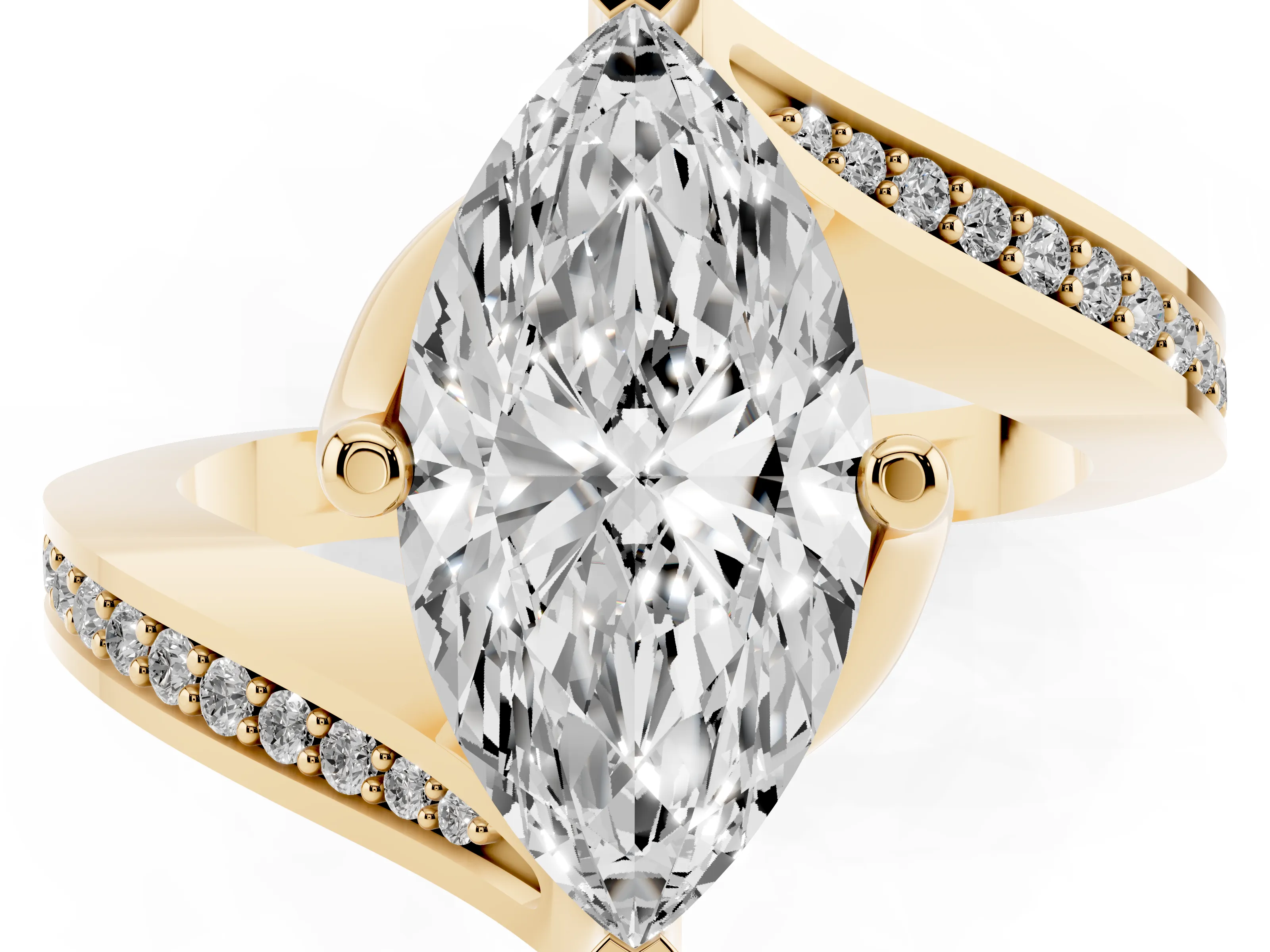 Marquise Cut Diamond Solitaire Ring Set in Yellow gold with Intertwined Pavé Twist Band