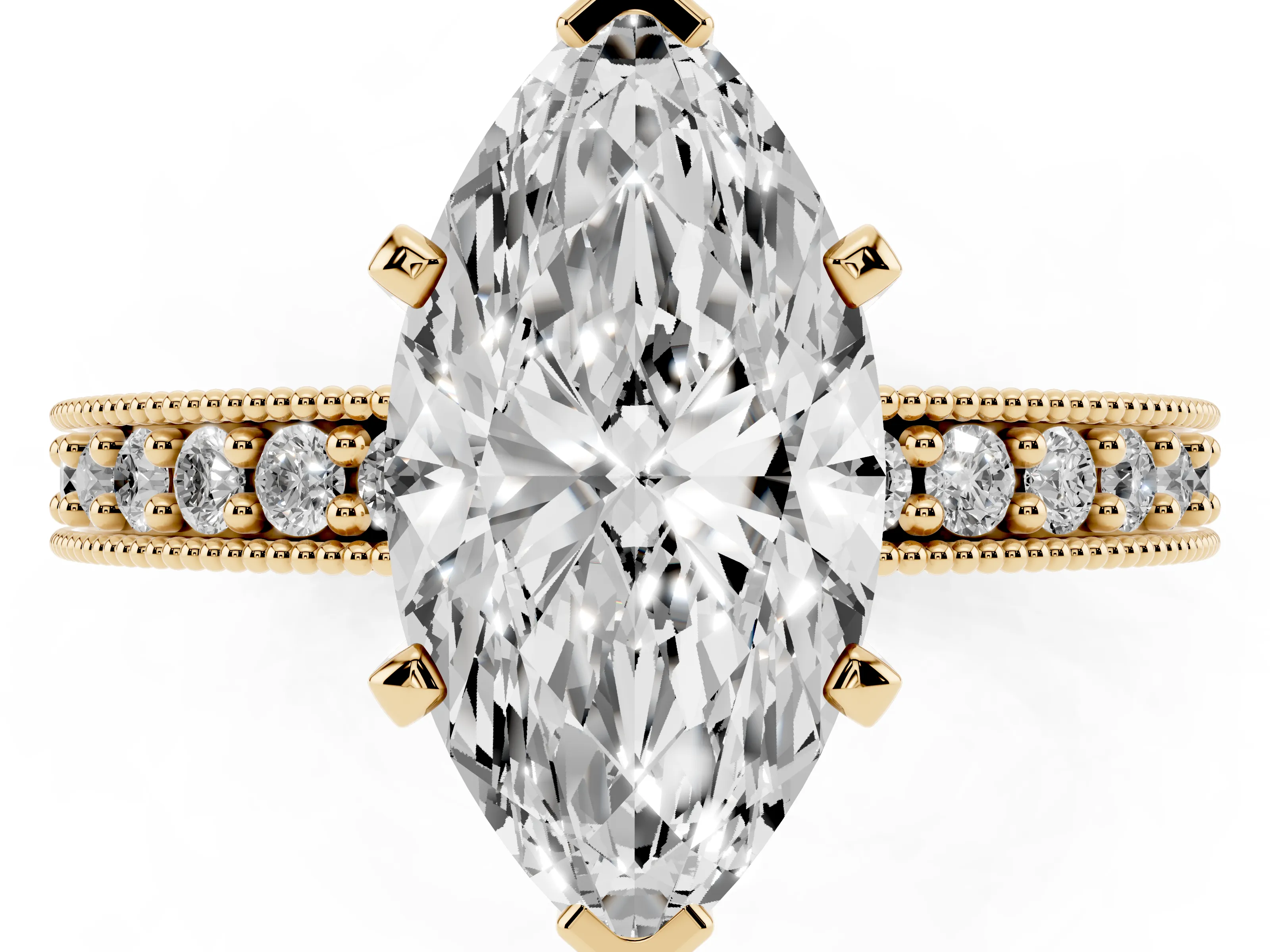 Marquise Cut Diamond Milgrain Pavé Engagement Ring Set in Yellow gold with Prong Setting