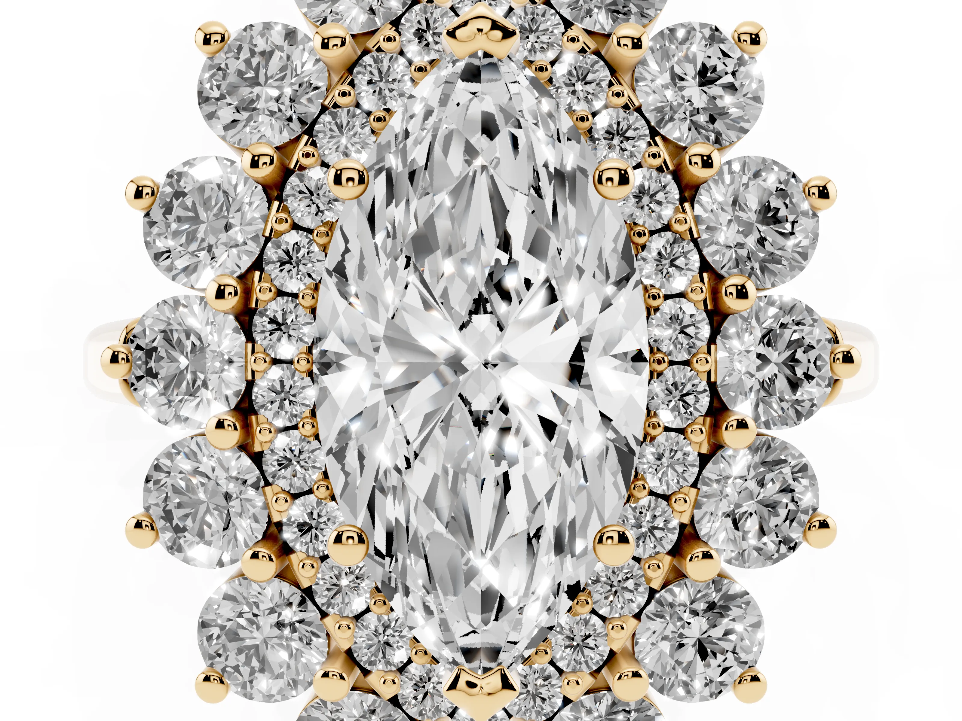 Marquise Cut Diamond Floral Double Halo Ring Set in Yellow gold with Round Petals
