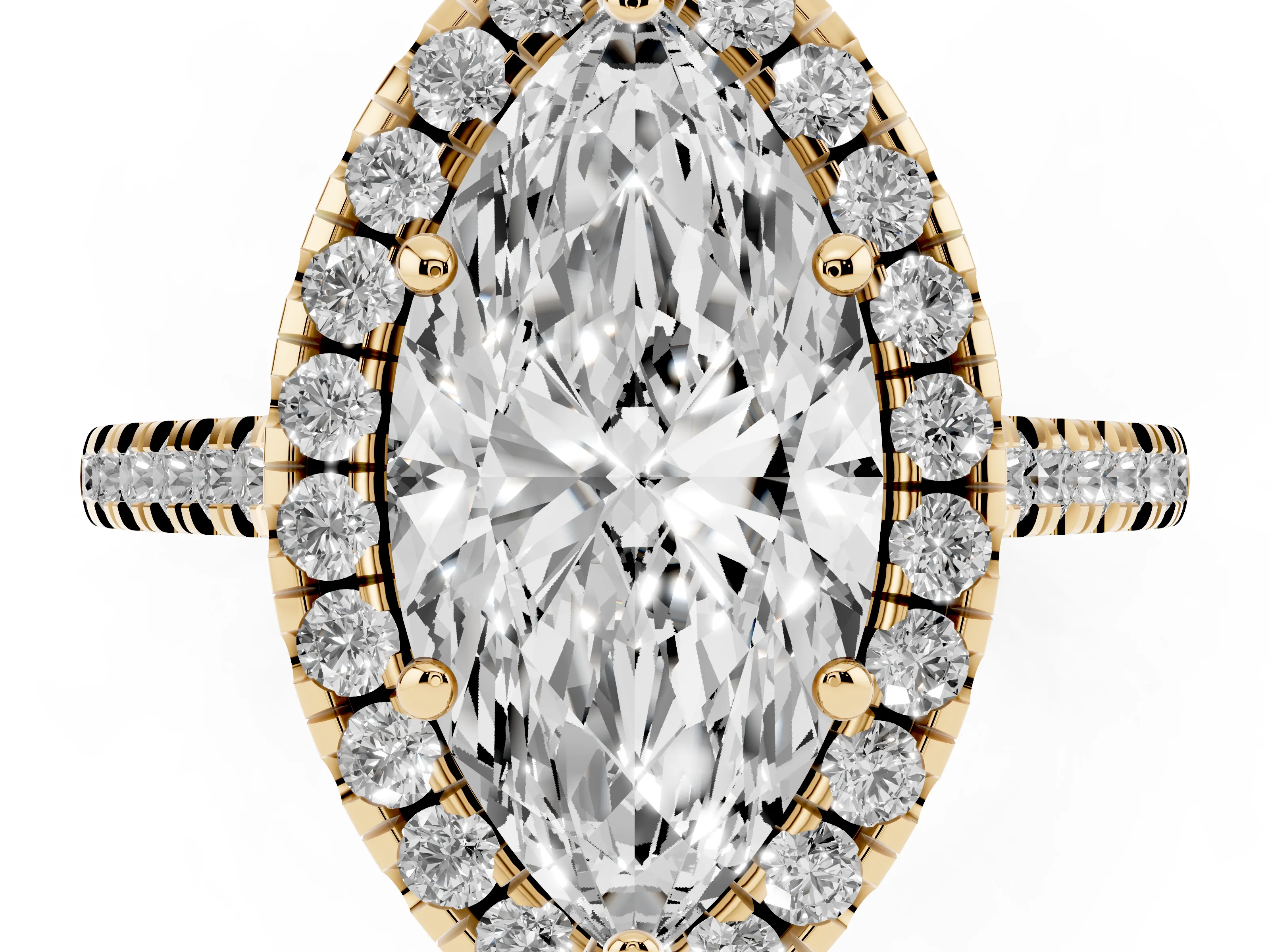 Marquise Cut Diamond Cushion Halo Ring Set in Yellow gold with Pavé Band