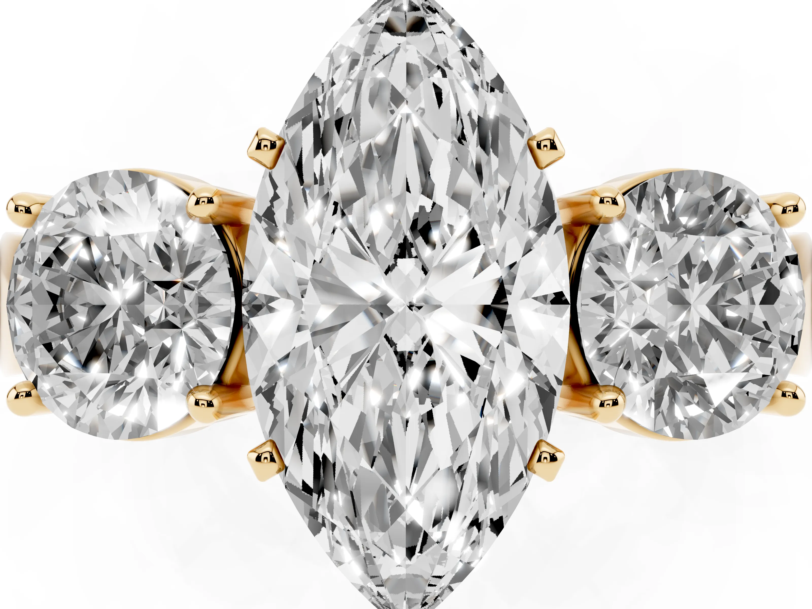 Marquise Cut Diamond Three-Stone Ring Set in Yellow gold with Round Side Stones and Classic Band