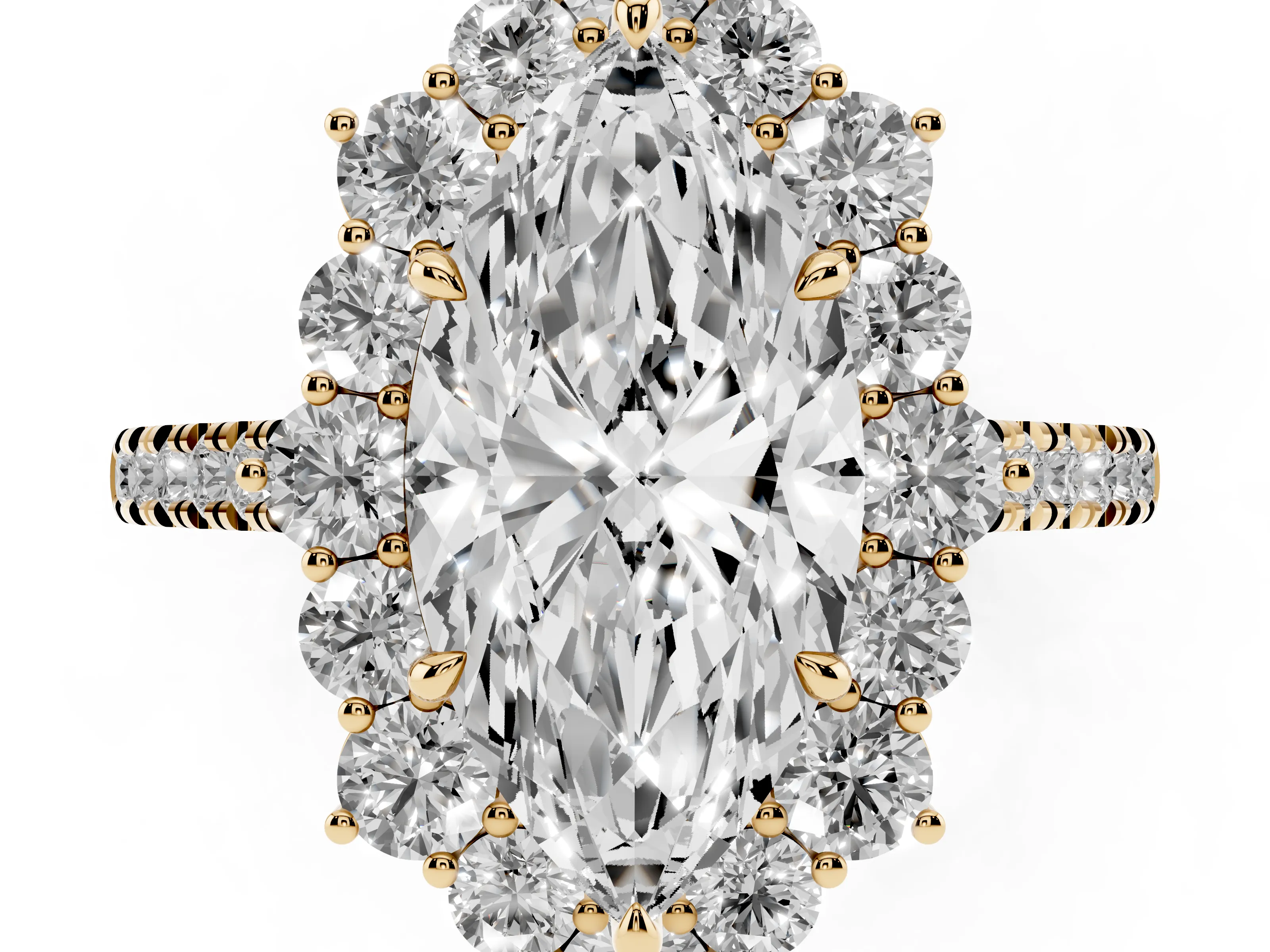Marquise Cut Diamond Halo Ring Set in Yellow gold with Pavé Band and Prong Setting