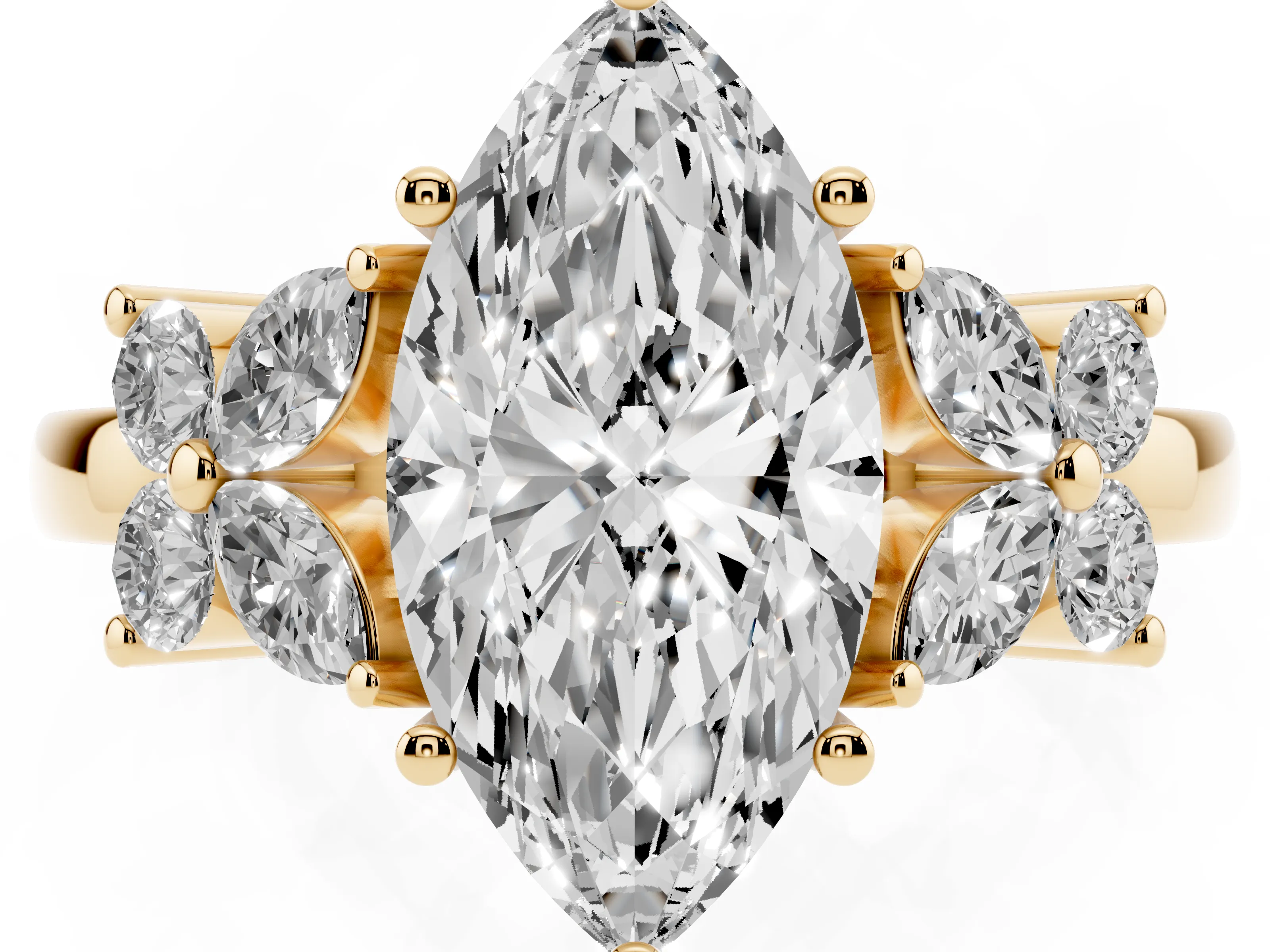 Marquise Cut Diamond Floral Cluster Ring Set in Yellow gold with Marquise Petals and Prong Setting
