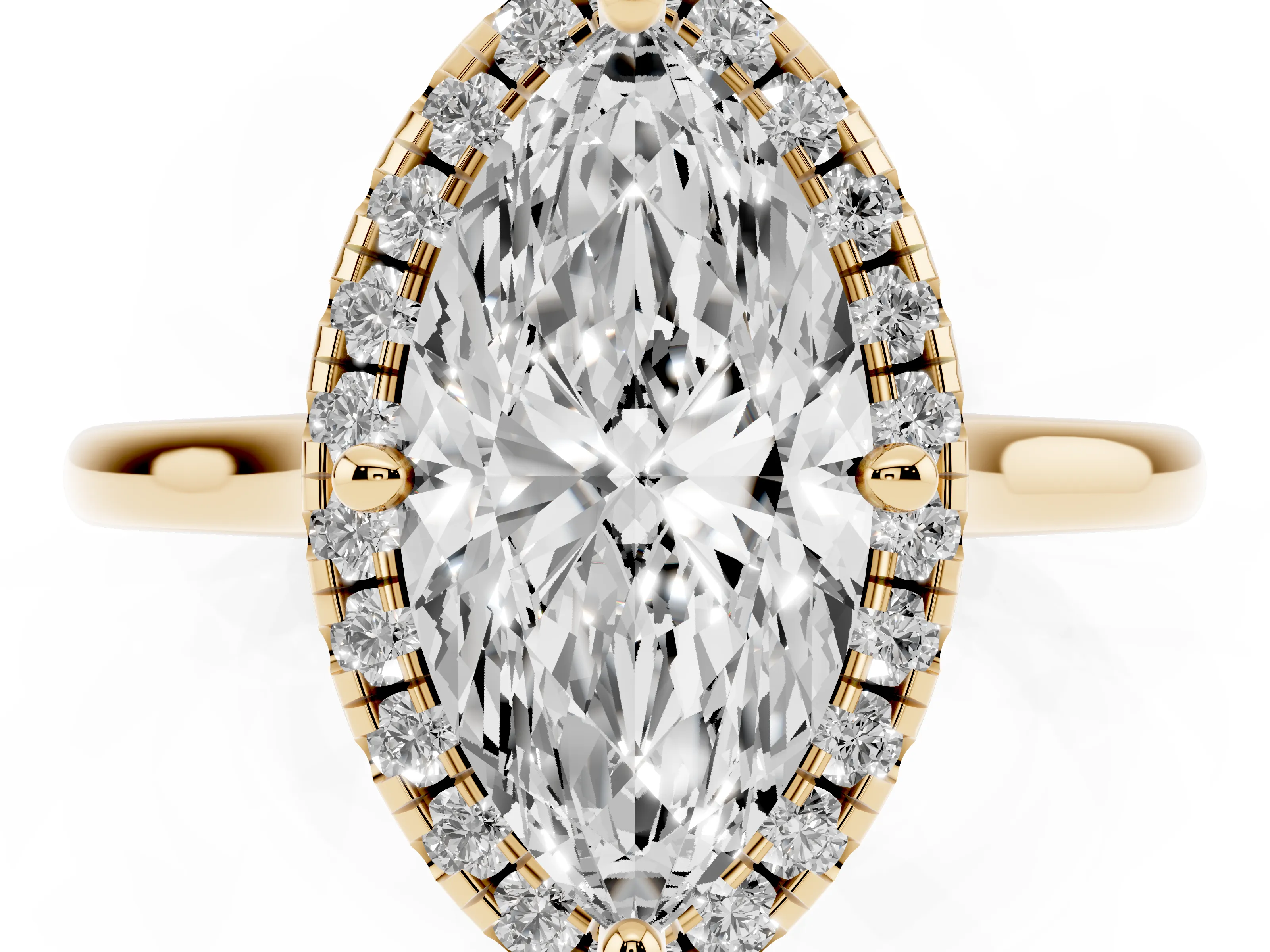 Marquise Cut Diamond Halo Engagement Ring Set in Yellow gold with Pavé Band and Rising Shoulders