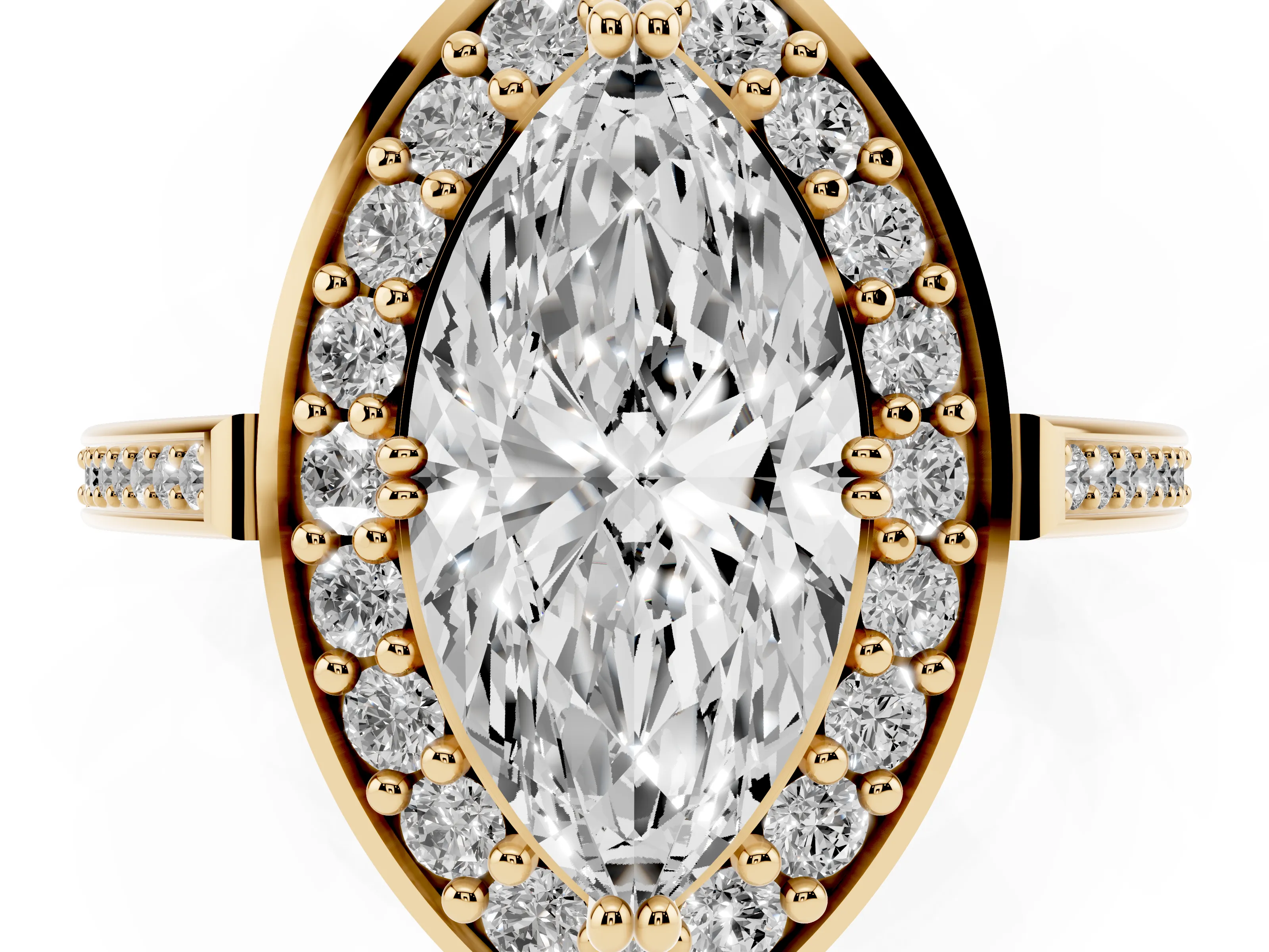 Marquise Cut Diamond Halo Ring Set in Yellow gold with Accent-Lined Split Shank and Prong Setting
