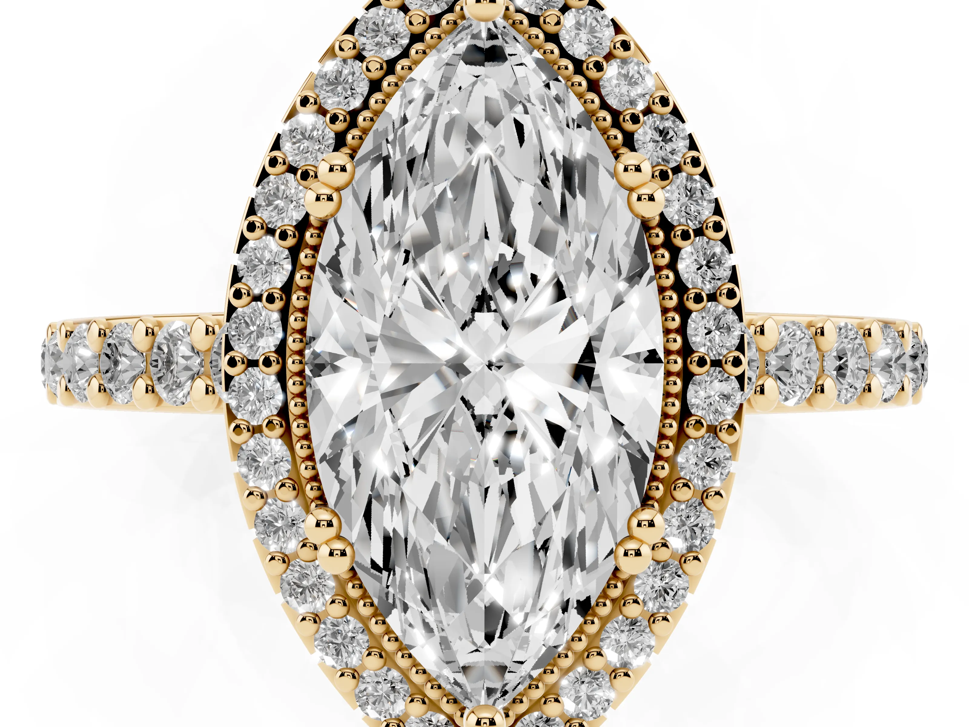 Marquise Cut Diamond Halo Engagement Ring Set in Yellow gold with Milgrain Detail and Pavé Band