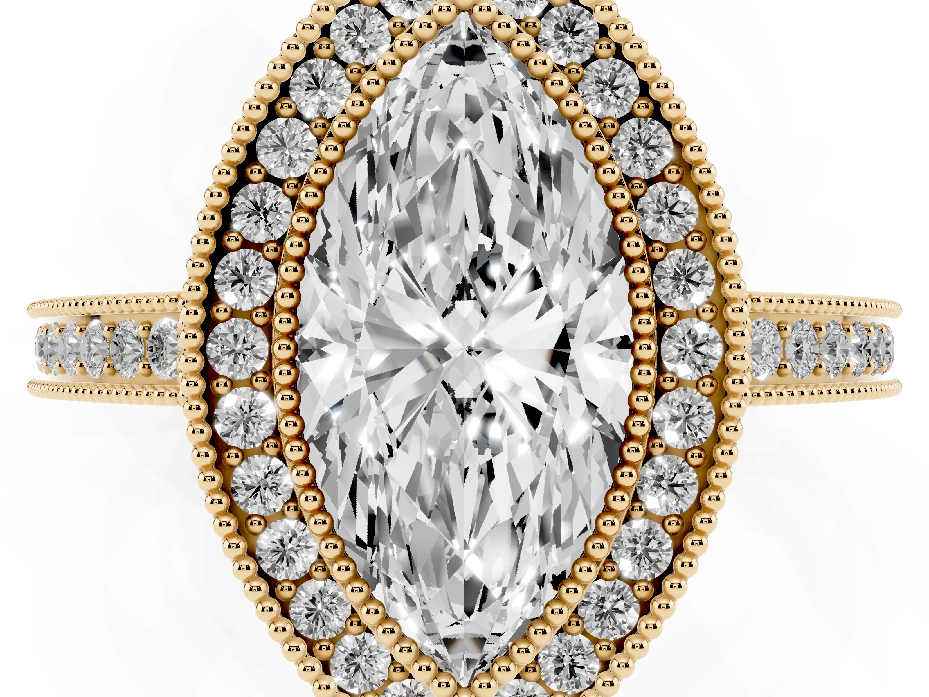 Marquise Cut Diamond Halo Ring Set in Yellow gold with Pavé Band and Milgrain-Edged Prongs