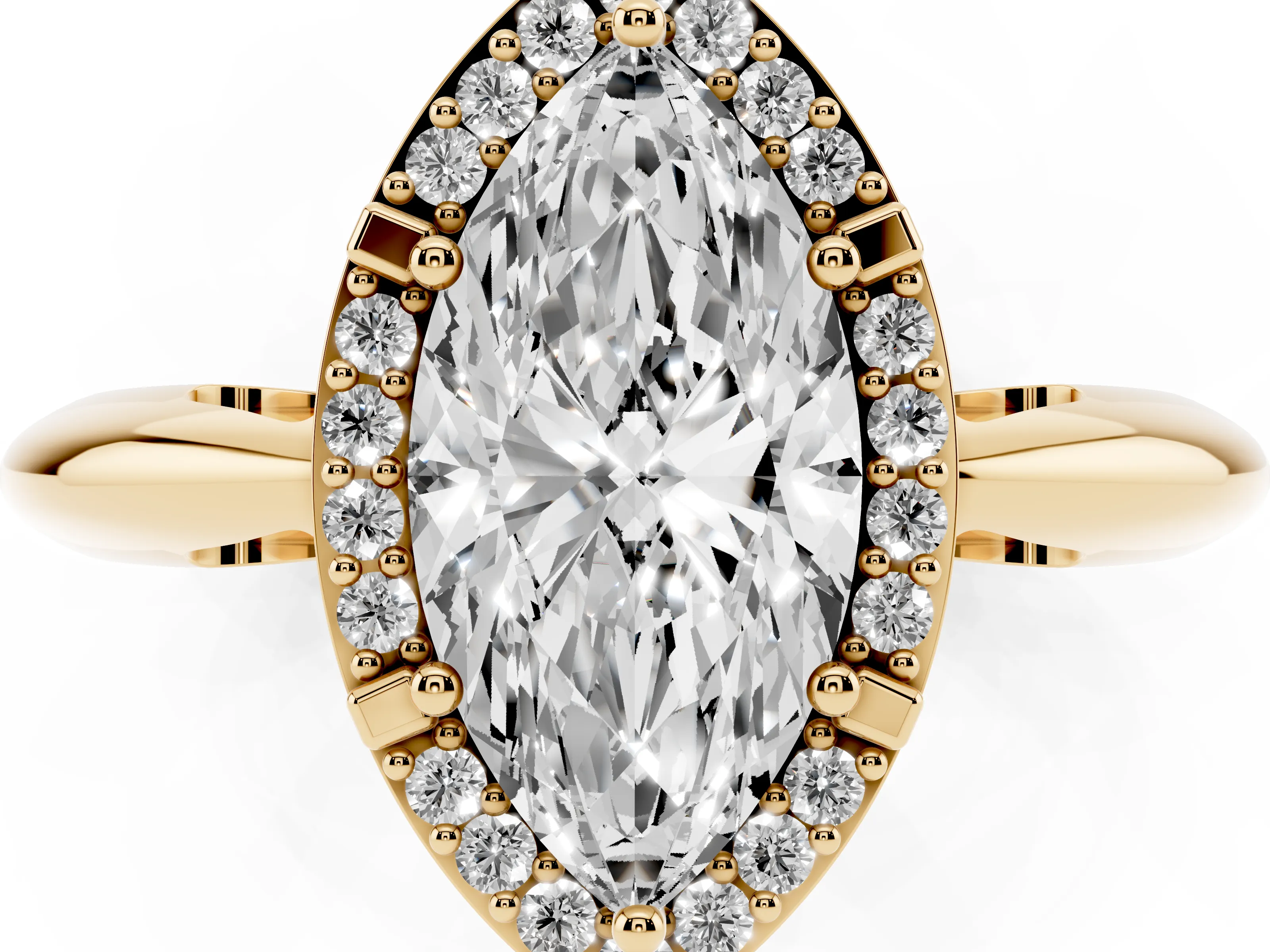 Marquise Cut Diamond Halo Engagement Ring Set in Yellow gold with Plain Split Shank and Prong Setting