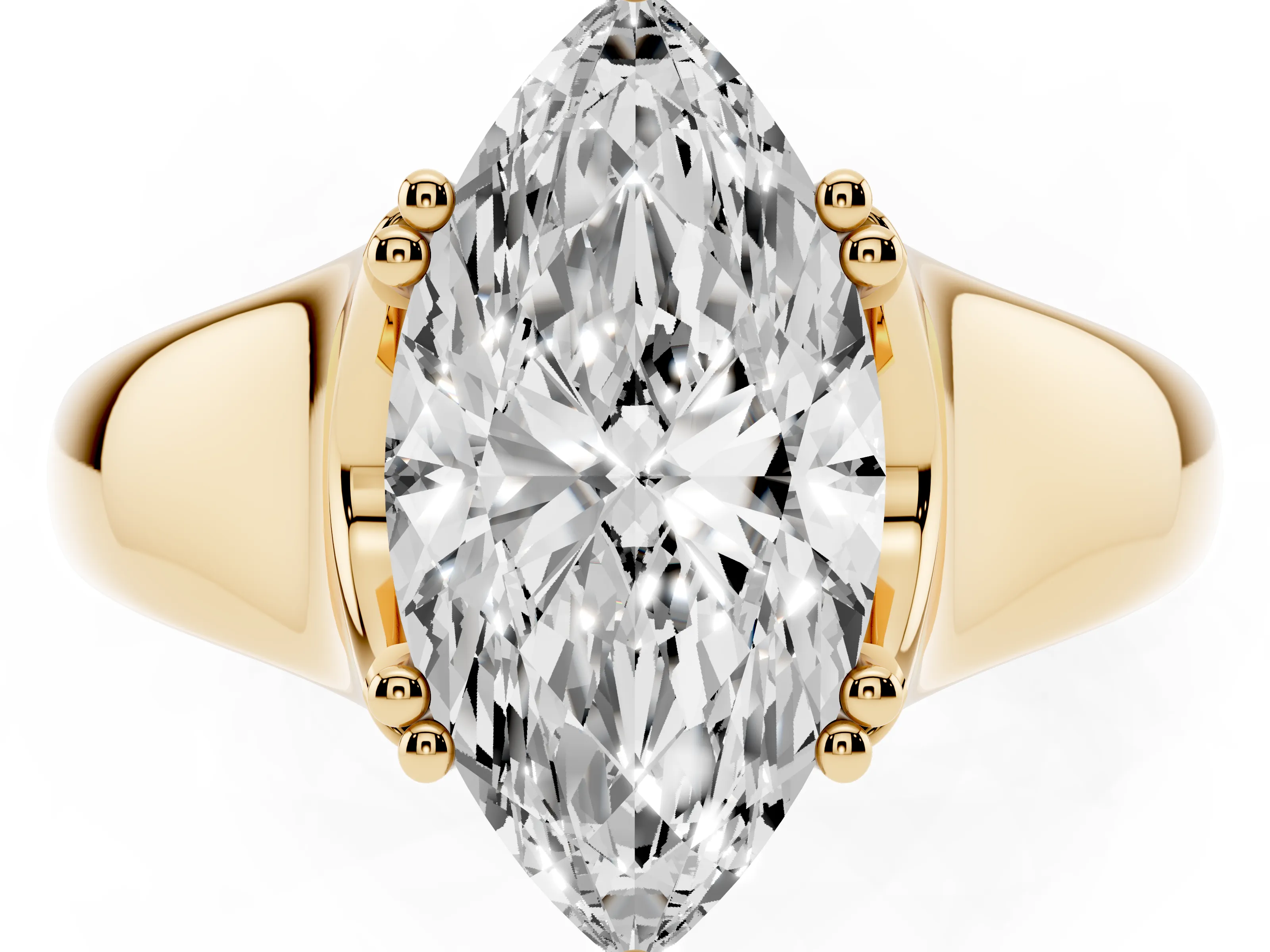 Marquise Cut Diamond Solitaire Ring Set in Yellow gold with Wide Band and Prong Setting
