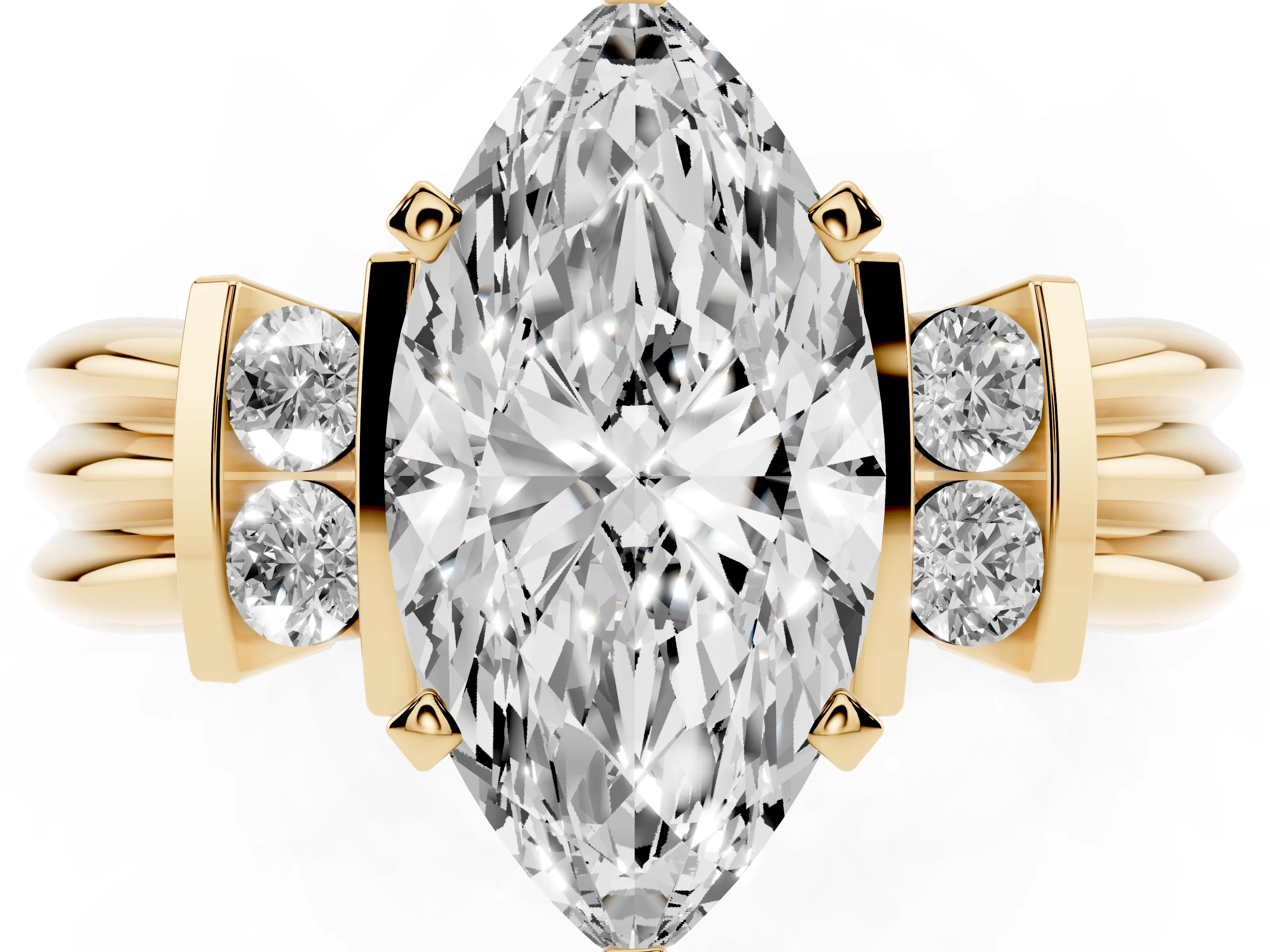 Three-Stone Marquise Cut Diamond Channel Set Ring Set in Yellow gold with Bar Prongs