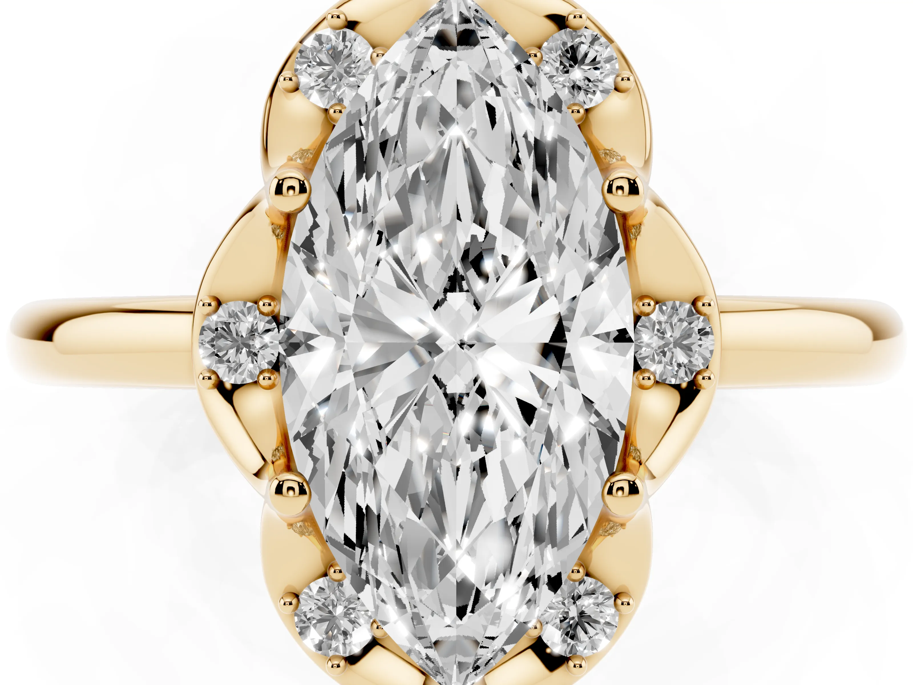Marquise Cut Diamond Round Cluster Halo Ring Set in Yellow gold with Solitaire Band and Prong Setting
