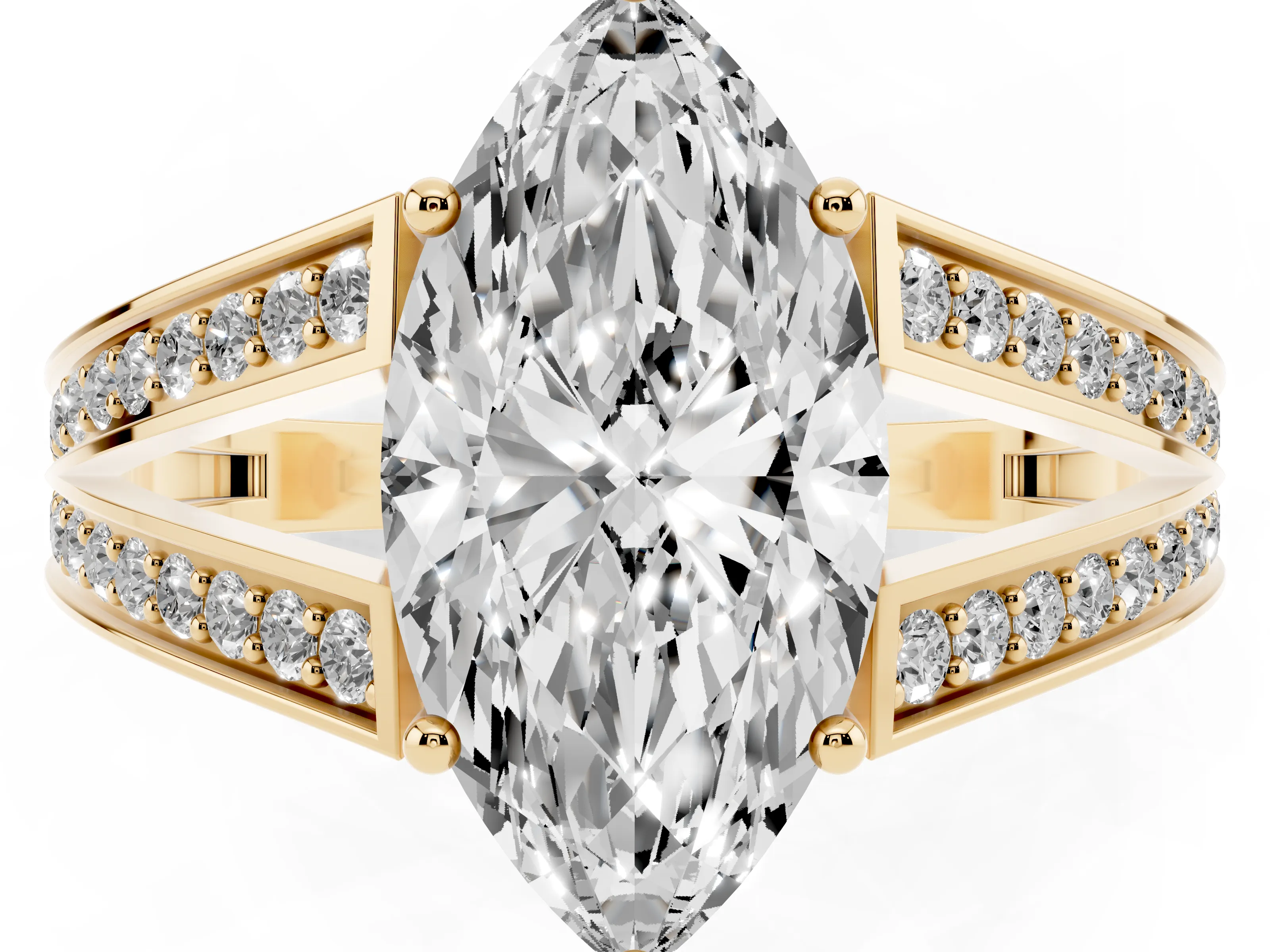 Marquise Cut Diamond Split Shank Ring Set in Yellow gold with Pavé Band and Prong Setting