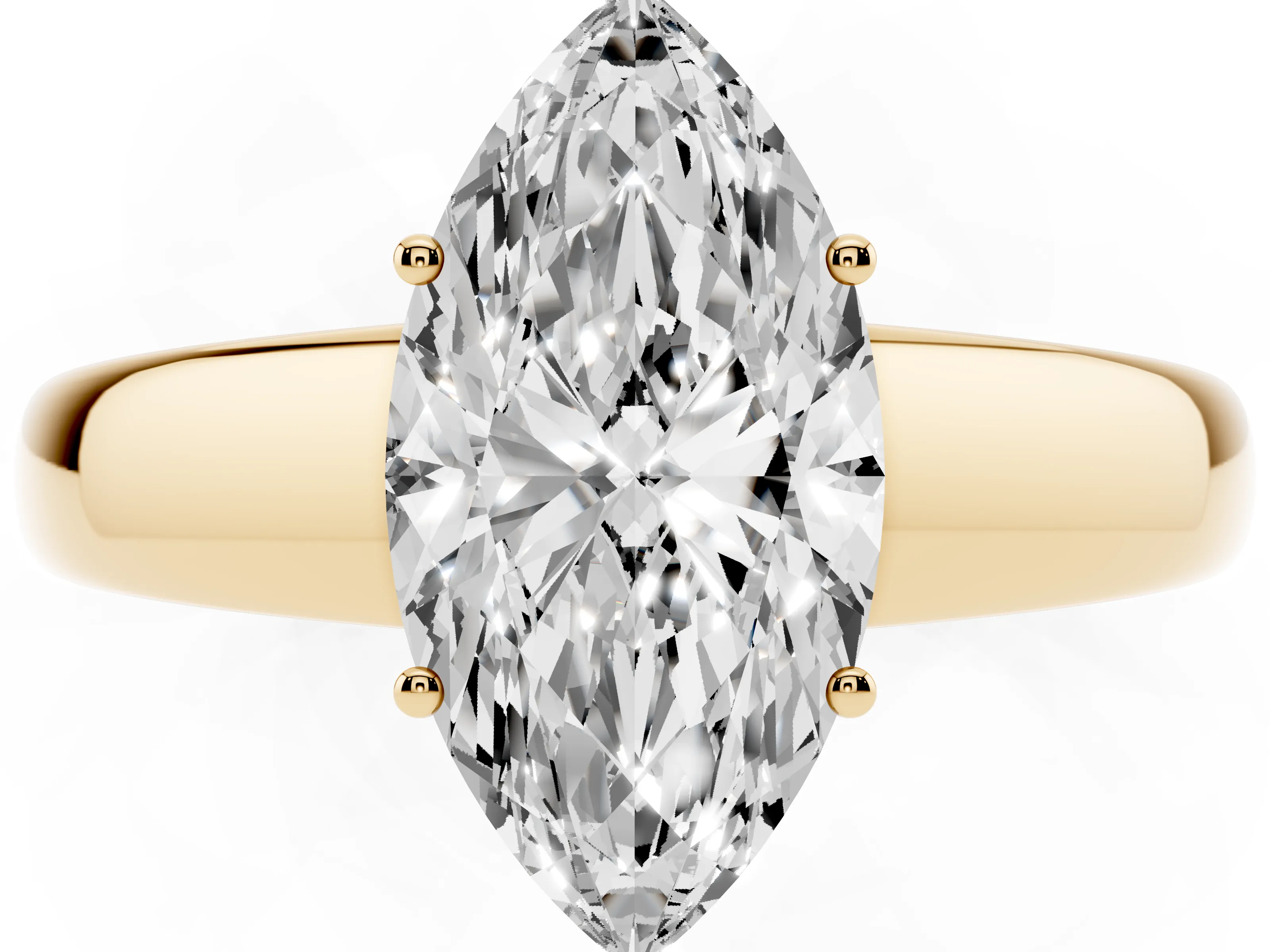 Marquise Cut Diamond Solitaire Ring Set in Yellow gold with Tapered Band and Prong Setting