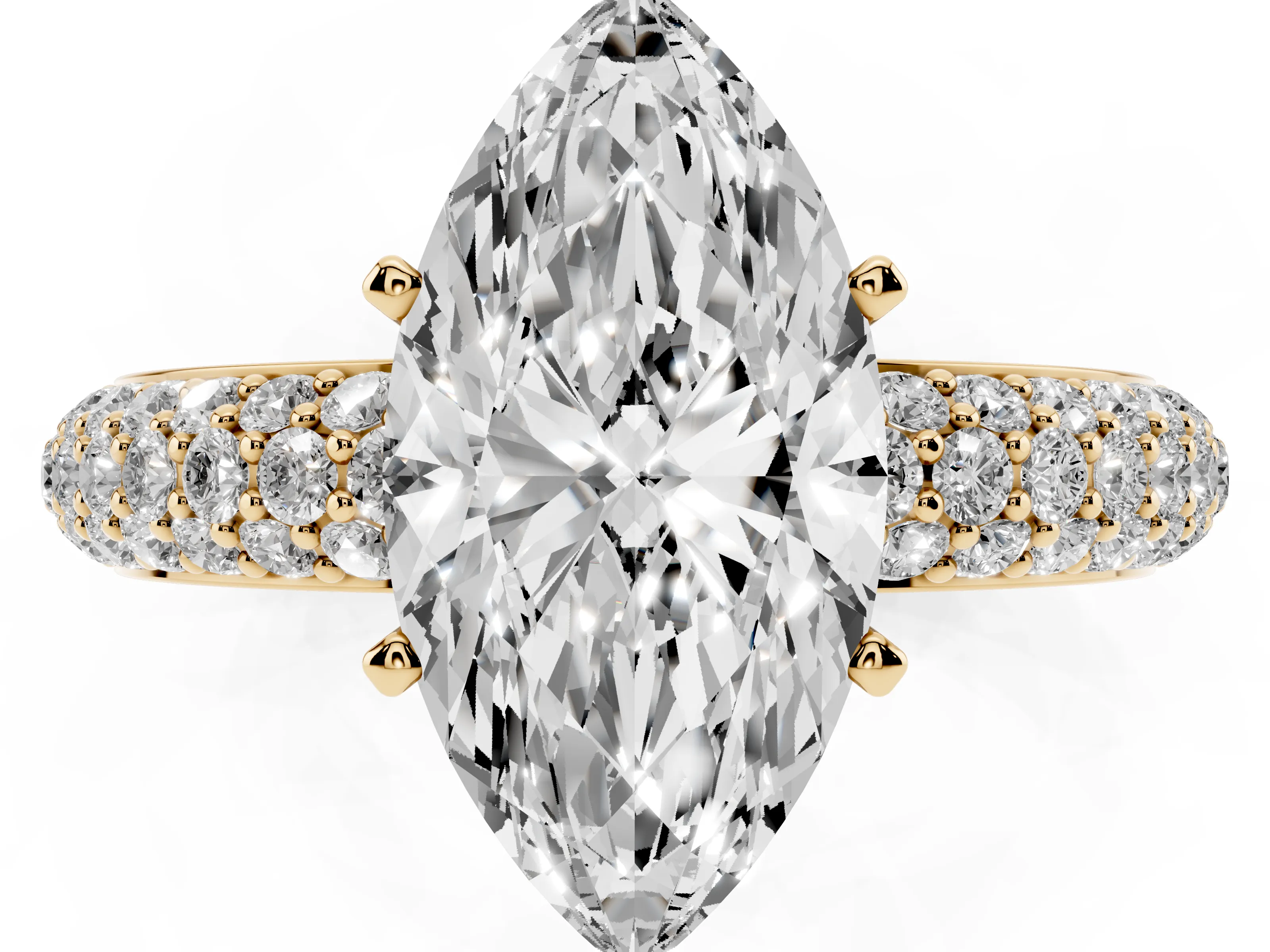 Marquise Cut Diamond Solitaire Ring Set in Yellow gold with Prong Setting and Pavé-Set Band