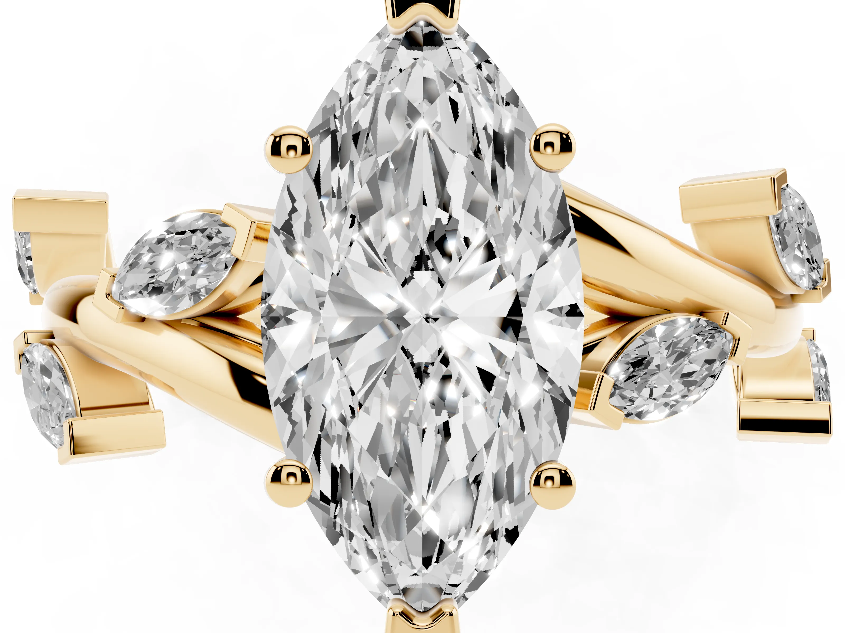 Marquise Cut Diamond Solitaire Ring Set in Yellow gold with Twisted Marquise Accent Band