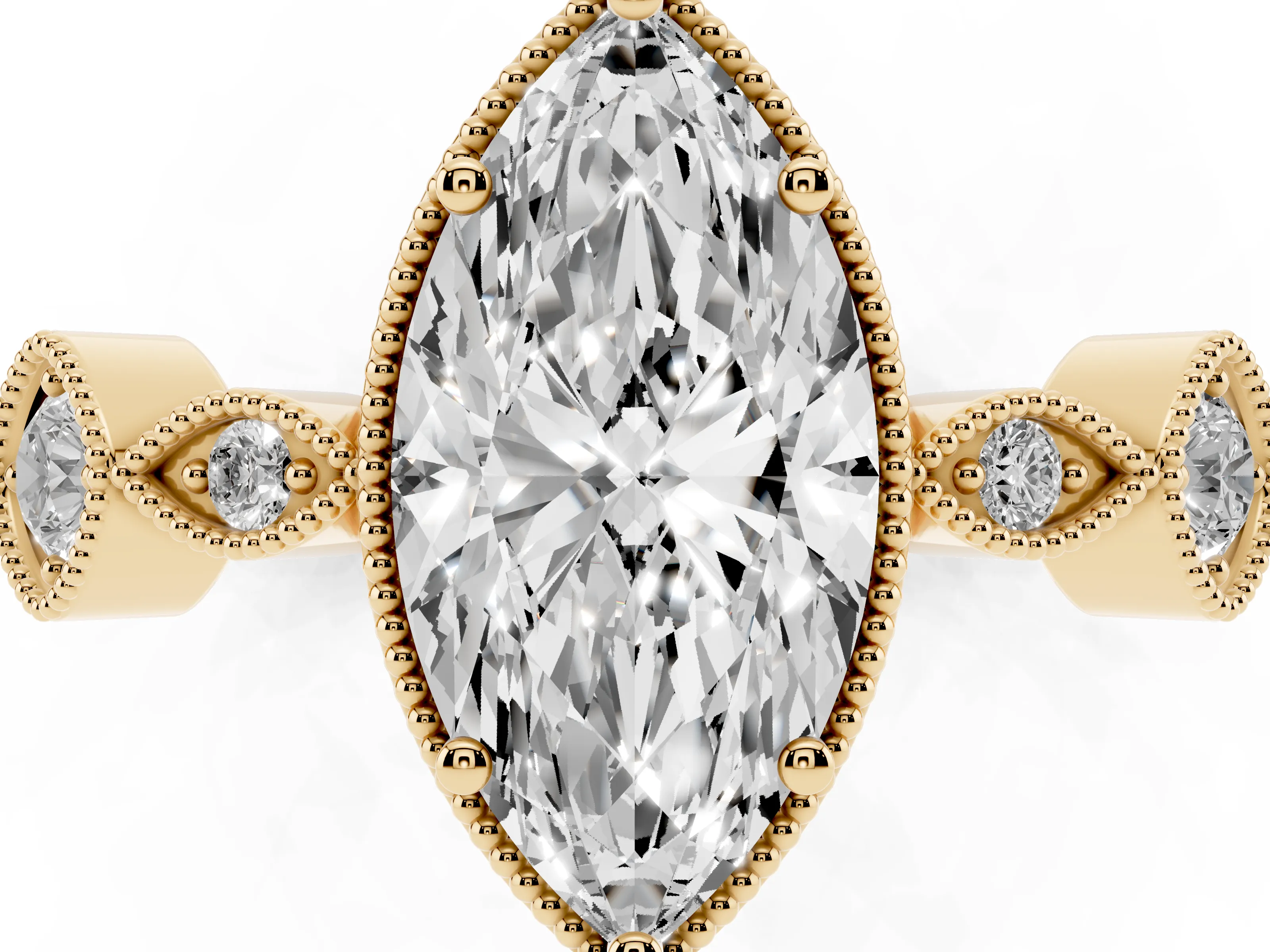 Marquise Cut Diamond Vintage-Inspired Milgrain Ring Set in Yellow gold with Marquise Stations of Round Accents