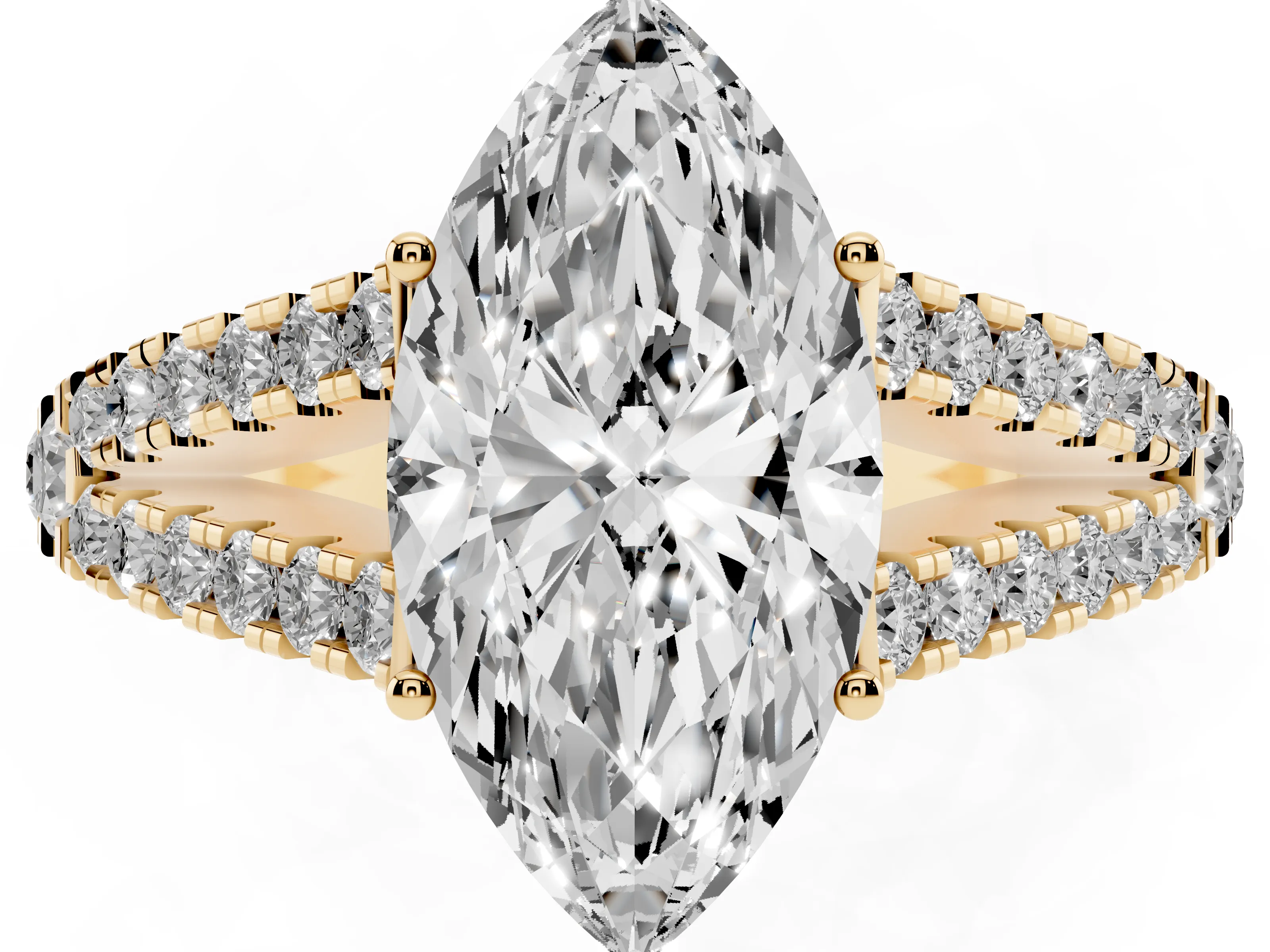 Marquise Cut Diamond Split Shank Pavé Engagement Ring Set in Yellow gold with Prong-Held Center Stone