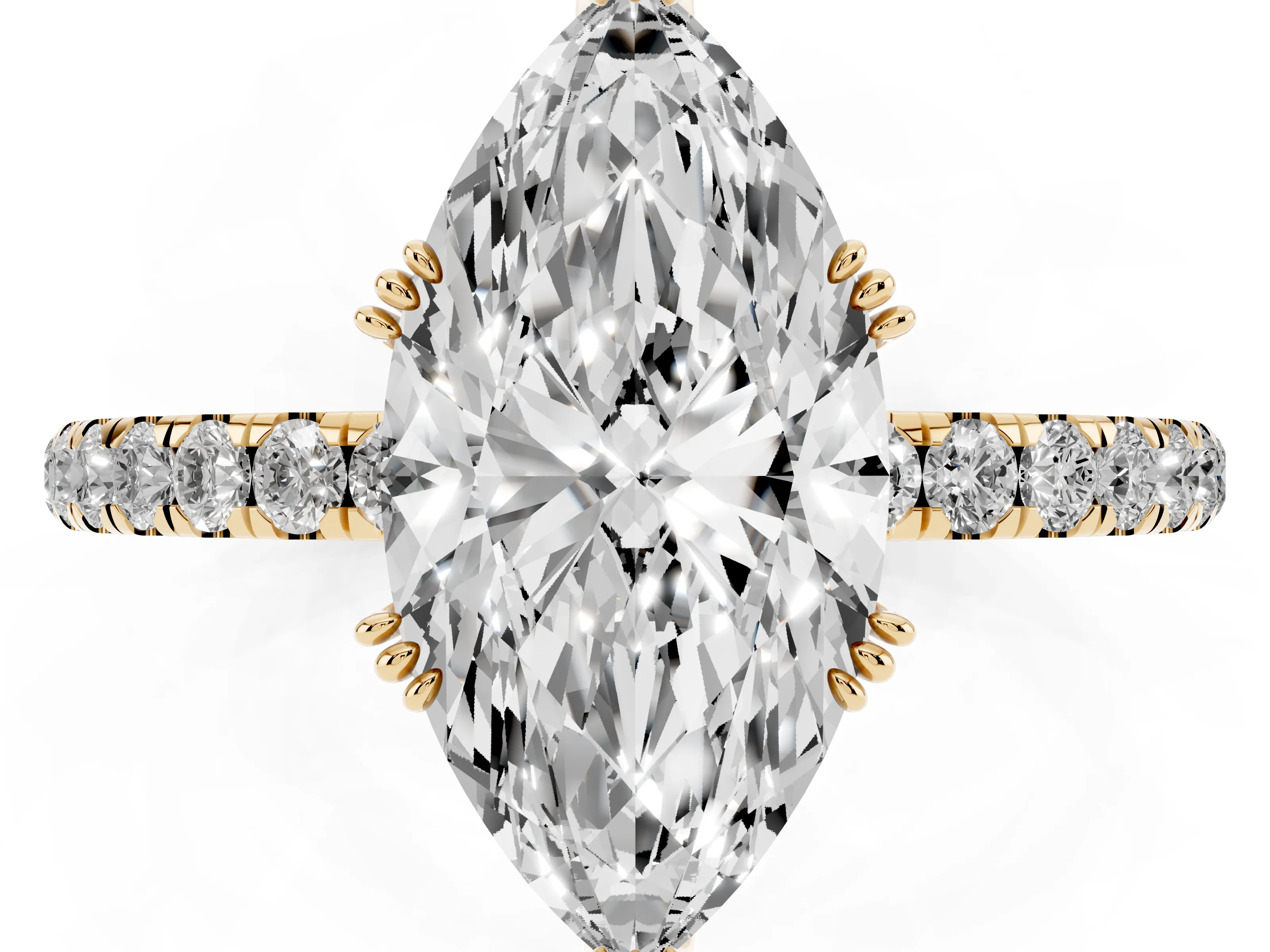 Marquise Cut Diamond Brilliant Solitaire Set in Yellow gold with Pavé Band and Claw Prong Setting