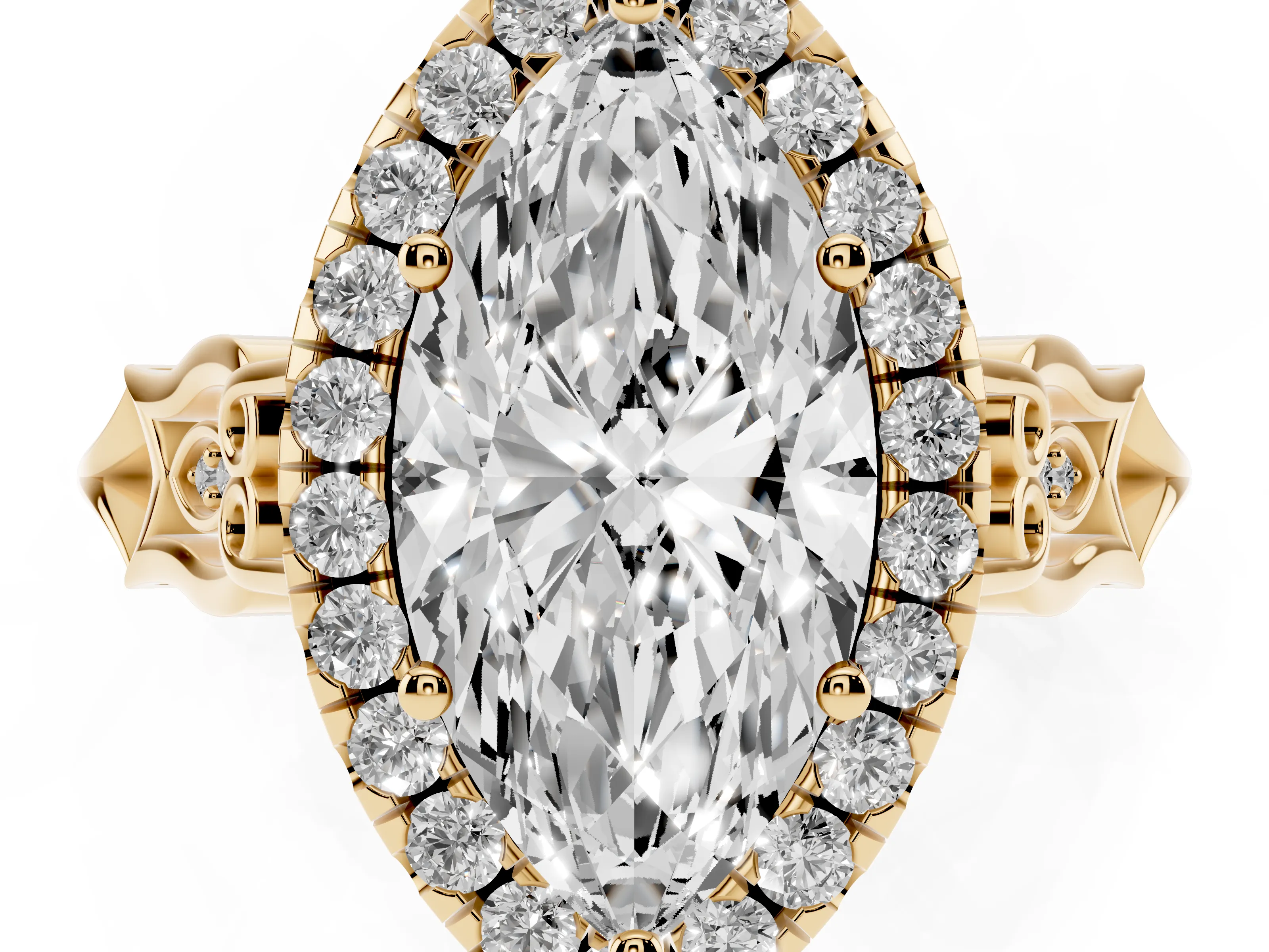 Marquise Cut Diamond Halo Engagement Ring Set in Yellow gold with Filigree Band and Prong-Set Center