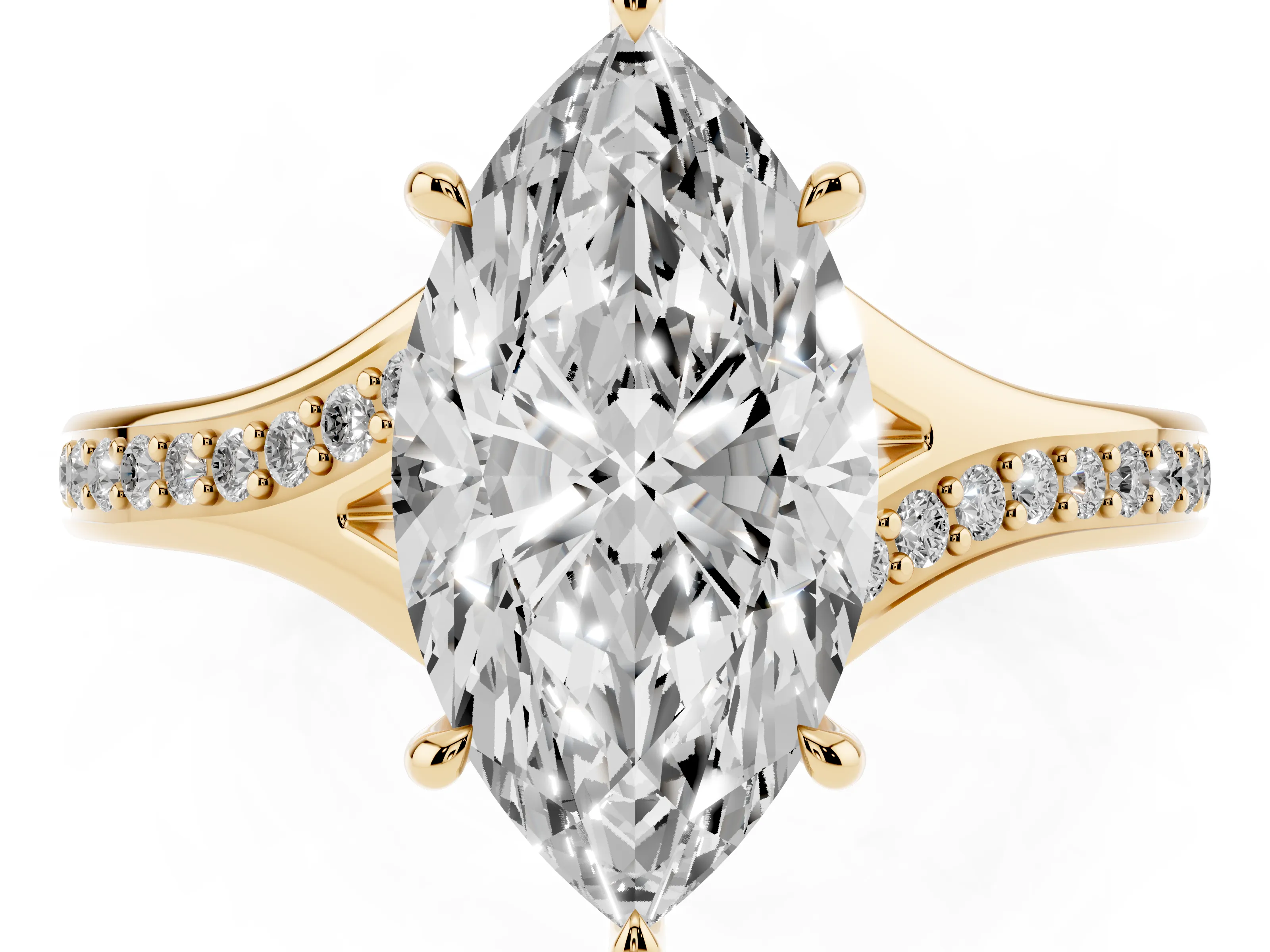 Marquise Cut Diamond Solitaire Ring Set in Yellow gold with Pavé Accent Band and Classic Prong Setting