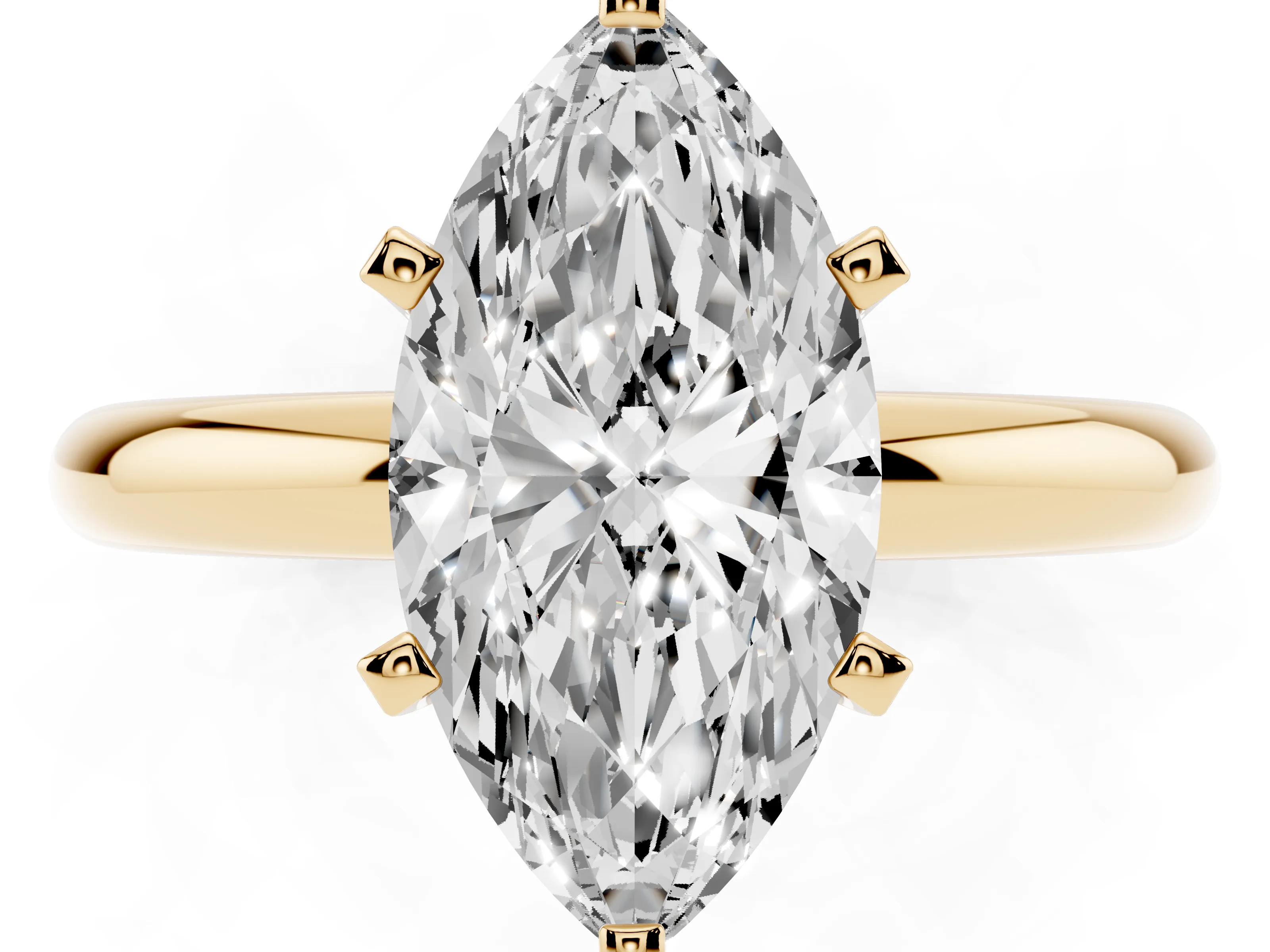 Marquise Cut Diamond Solitaire Engagement Ring Set in Yellow gold with Round Band and Prong Setting