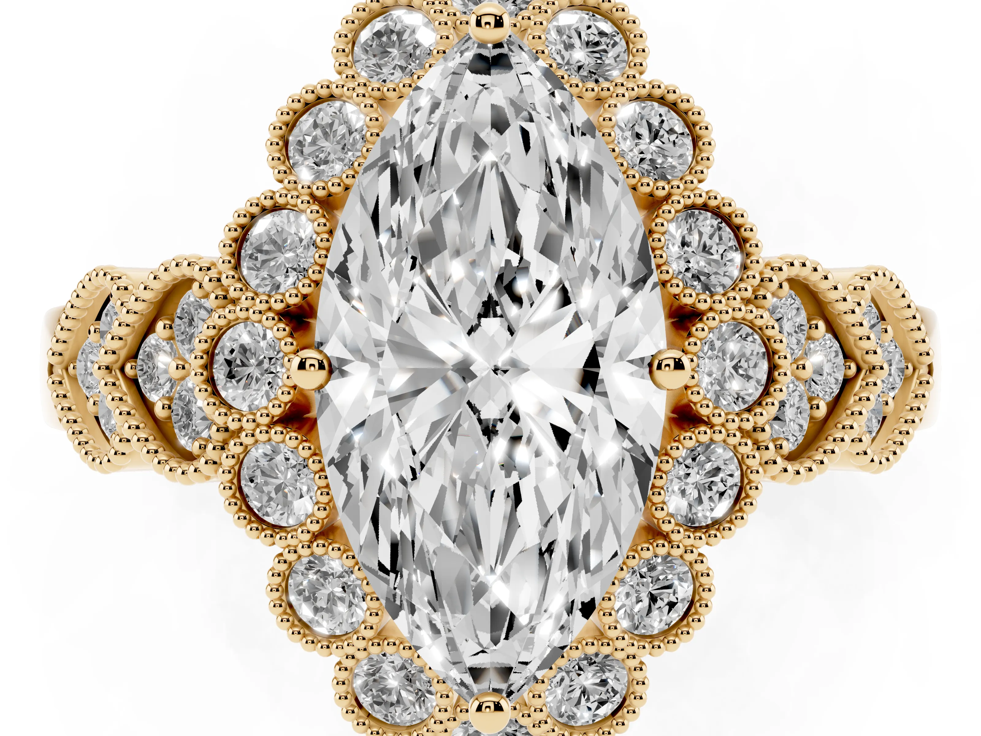 Marquise Cut Diamond Solitaire Ring Set in Yellow gold with Milgrain Pavé Heart Band