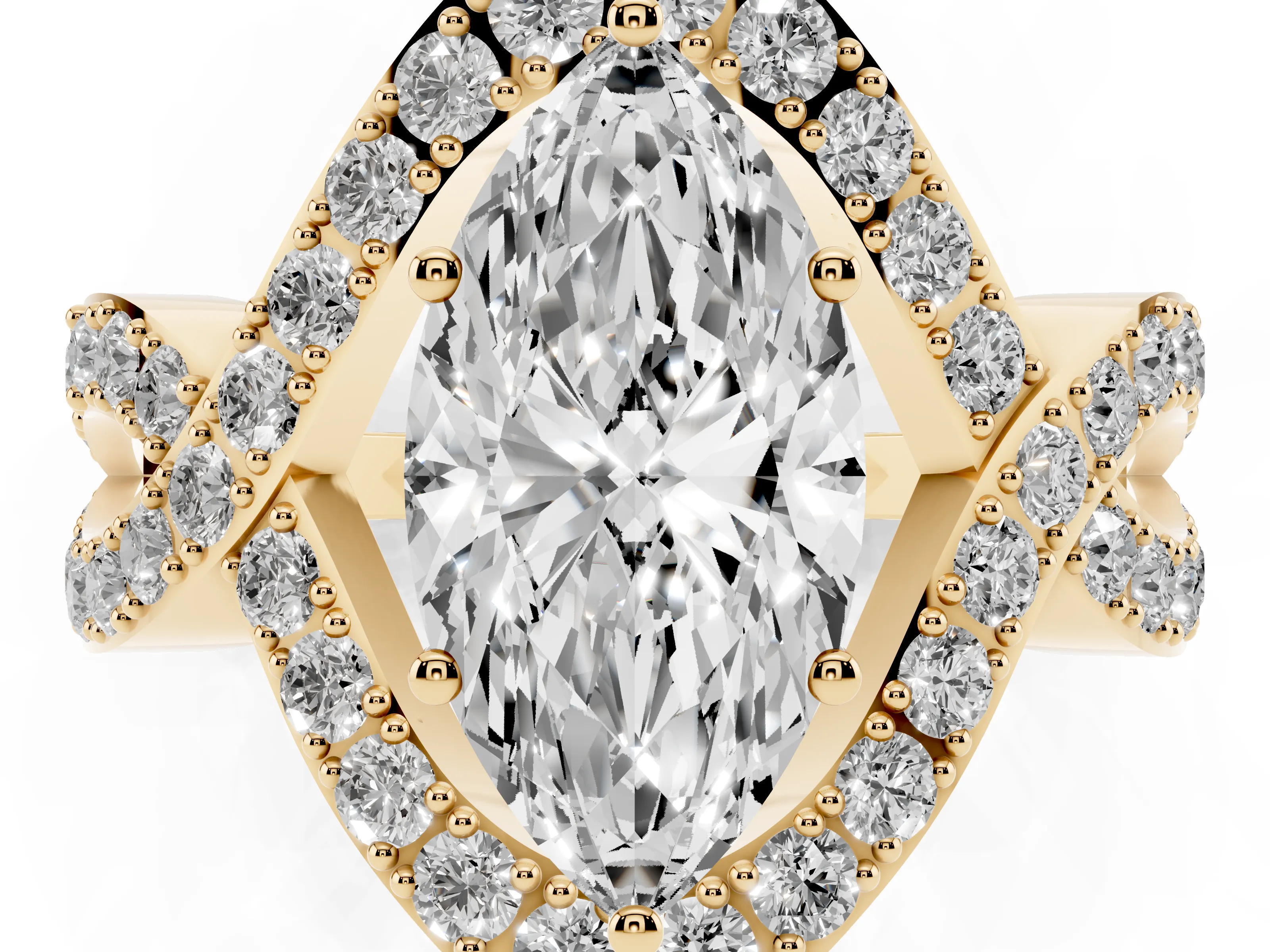 Marquise Cut Diamond Solitaire Twist Band Pavé Engagement Ring Set in Yellow gold