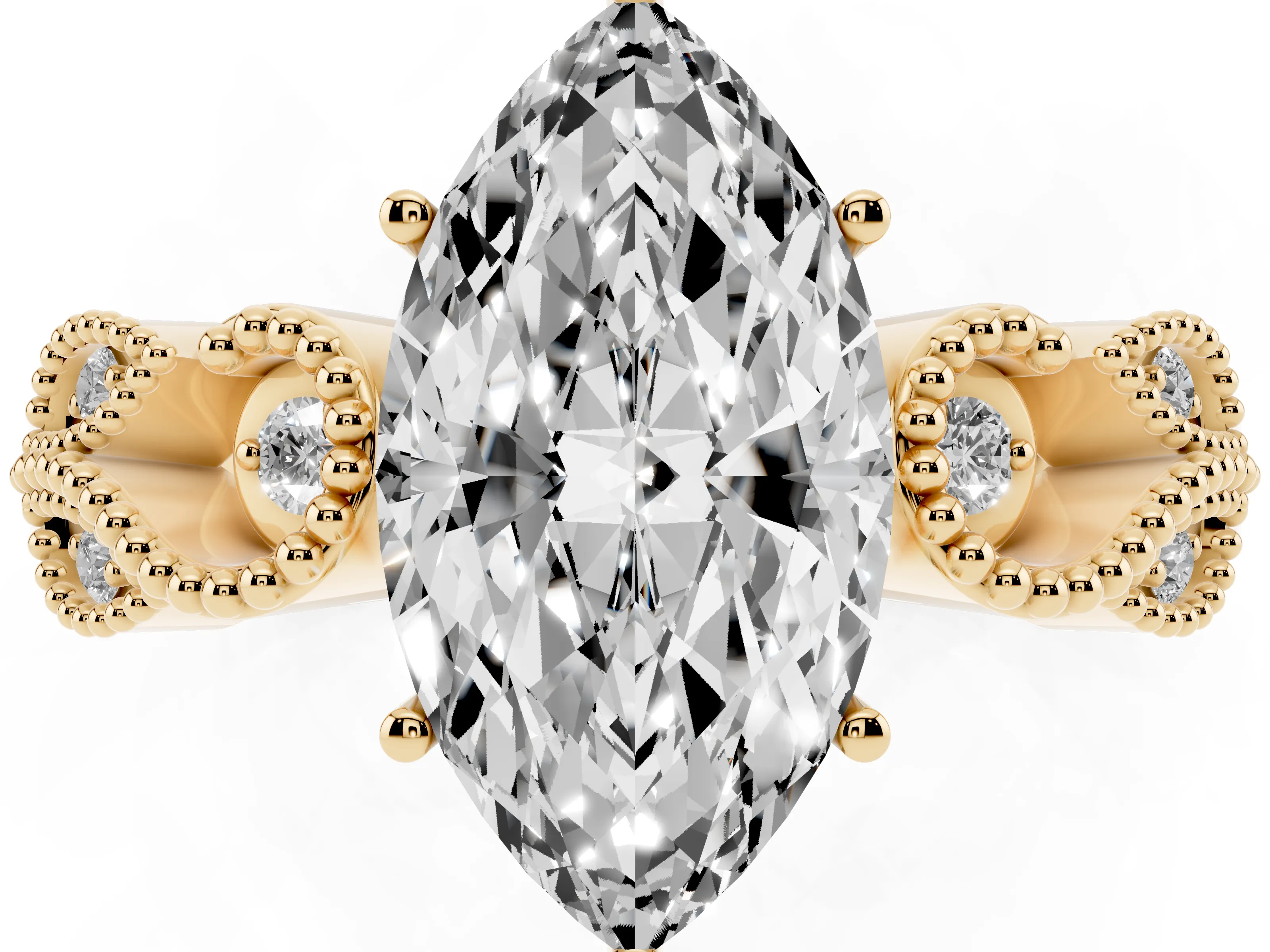 Marquise Cut Diamond Milgrain Leaf Band Solitaire Ring Set in Yellow gold with Accent Stones and Prong Setting