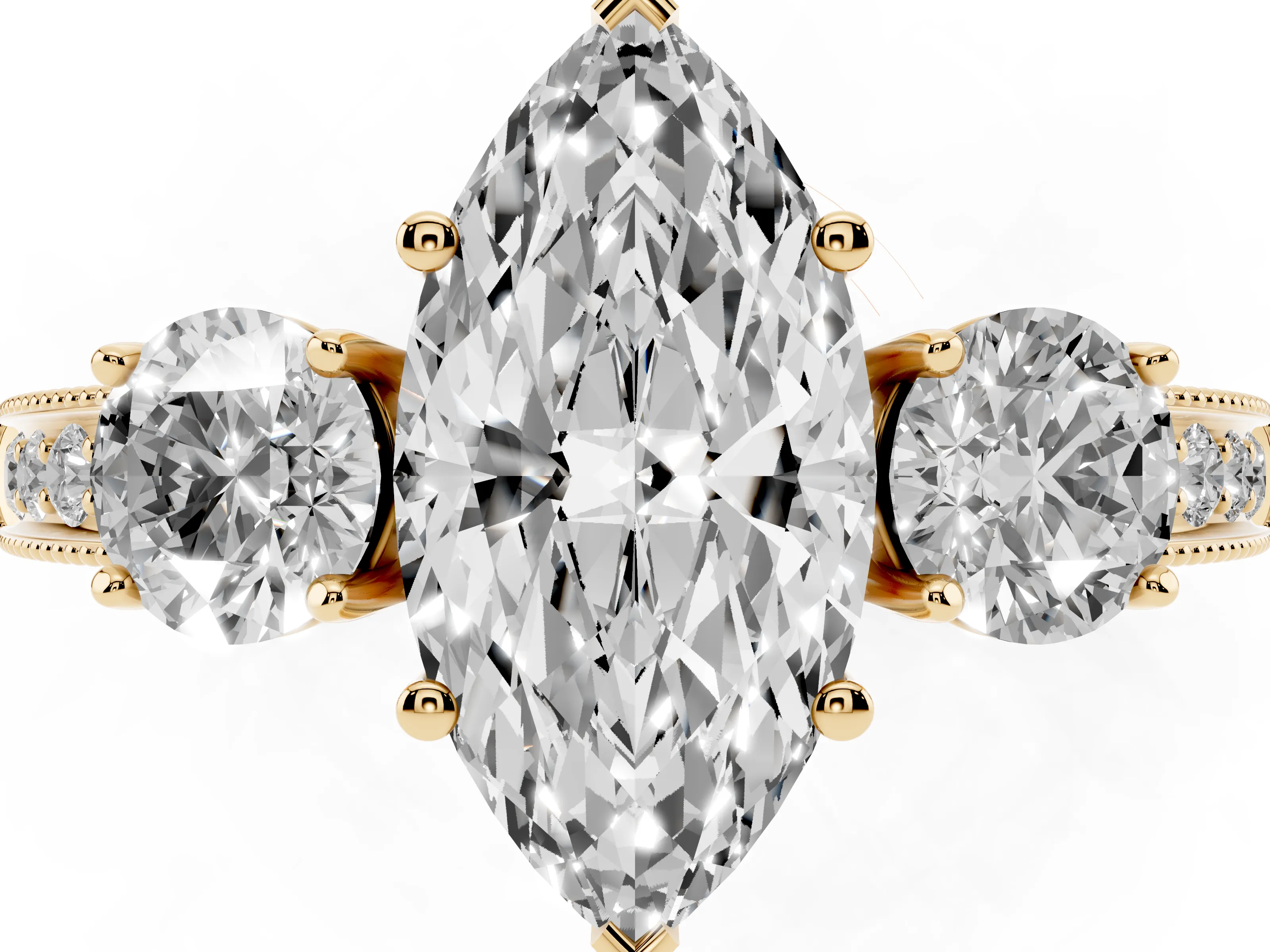 Marquise Cut Diamond Three-Stone Ring Set in Yellow gold with Round Side Stones and Pavé Band