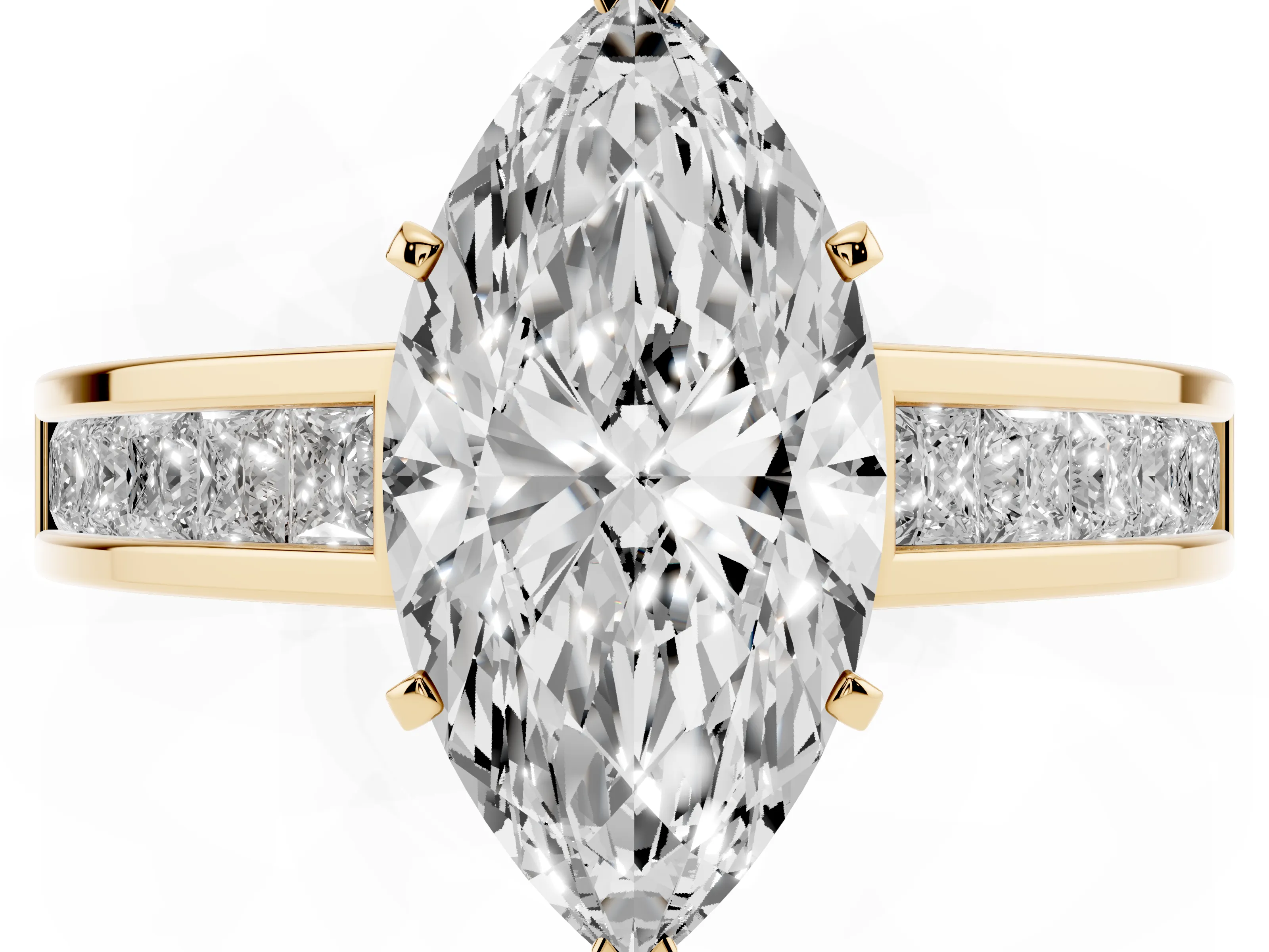 Marquise Cut Diamond Solitaire Ring Set in Yellow gold with Channel-Set Band and Prong Setting