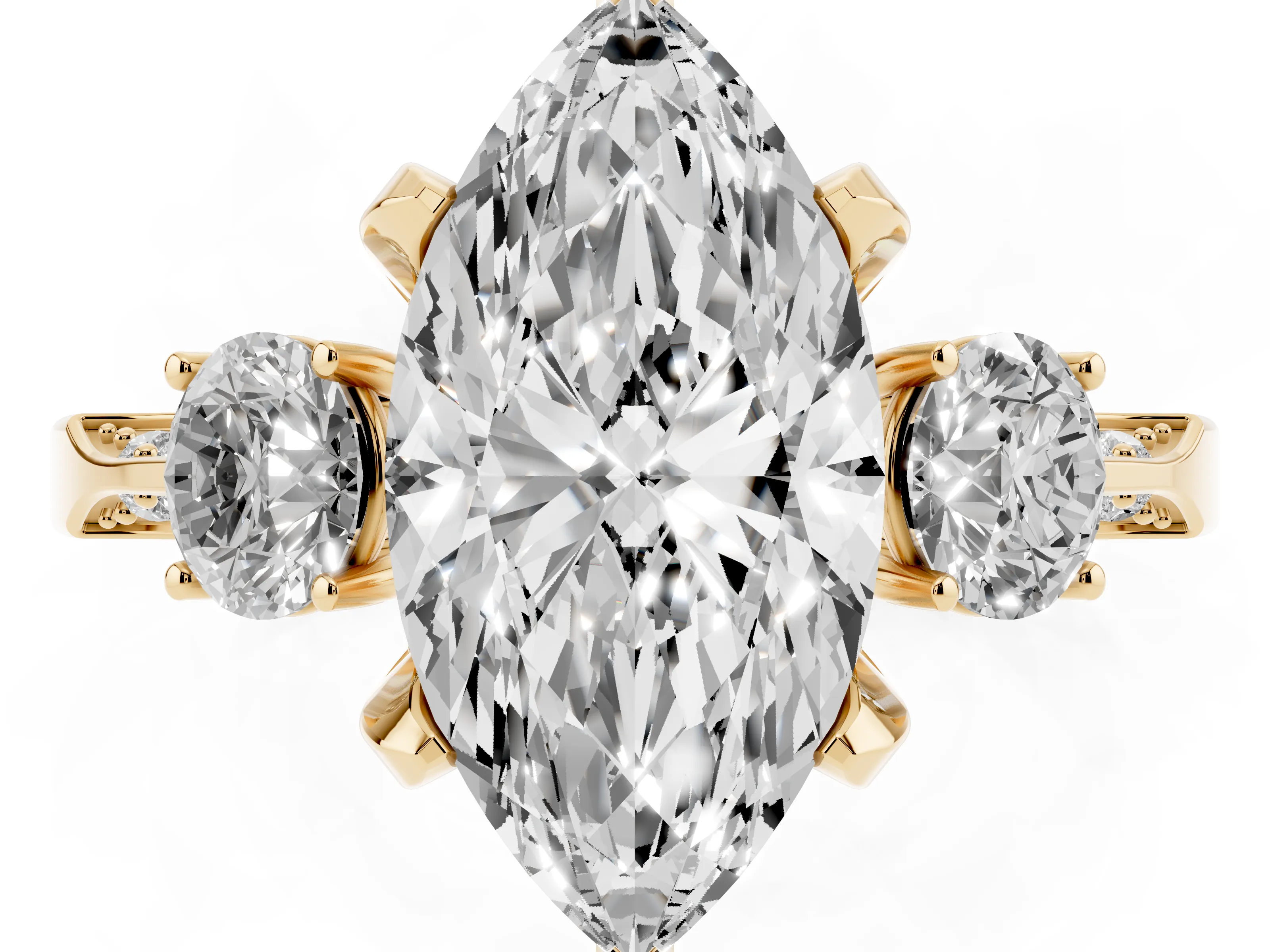 Marquise Cut Diamond Three-Stone Ring Set in Yellow gold with Pavé Band and Smaller Side Stones