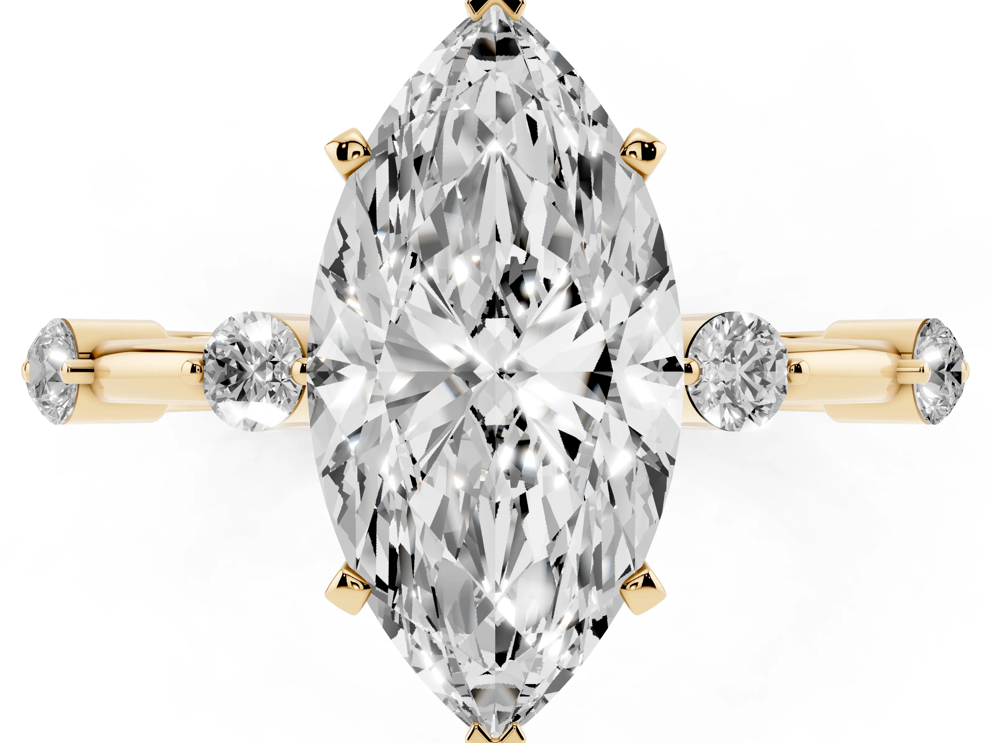Marquise Cut Diamond Solitaire Ring Set in Yellow gold with Bezel Set Side Stones and Prong Setting
