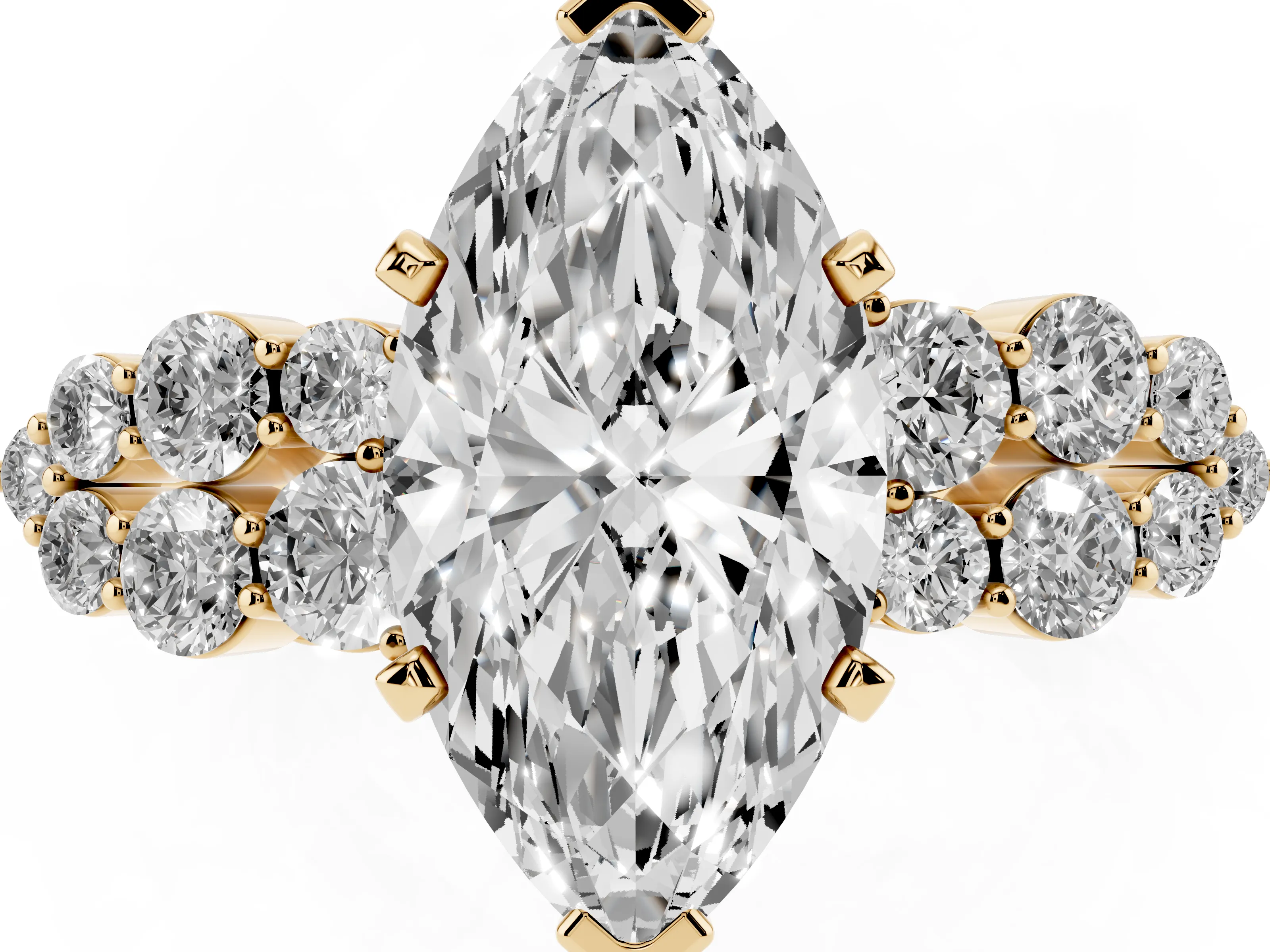 Marquise Cut Diamond Cluster Engagement Ring Set in Yellow gold with Pavé Band and Prong Setting