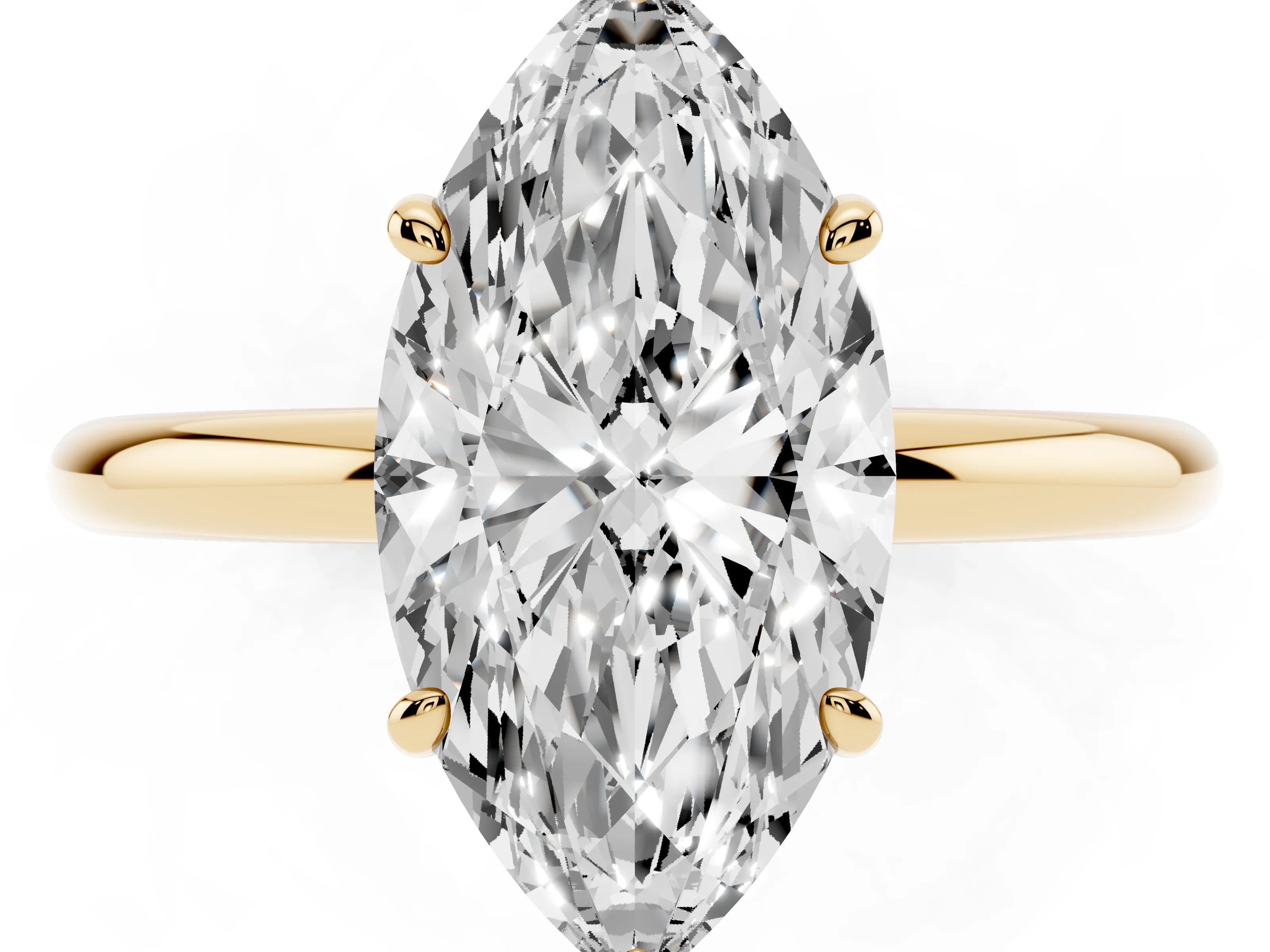 Marquise Cut Diamond Solitaire Ring Set in Yellow gold with Prong Setting on a Polished Plain Band
