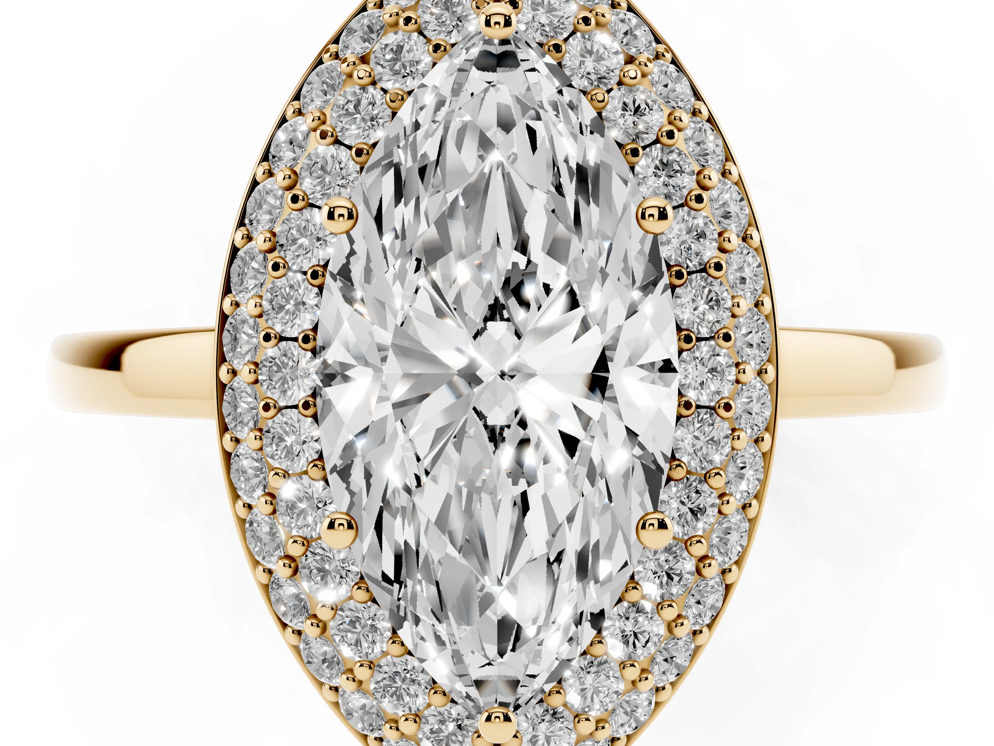 Marquise Cut Diamond Halo Engagement Ring Set in Yellow gold with Solitaire Band and Prong Setting